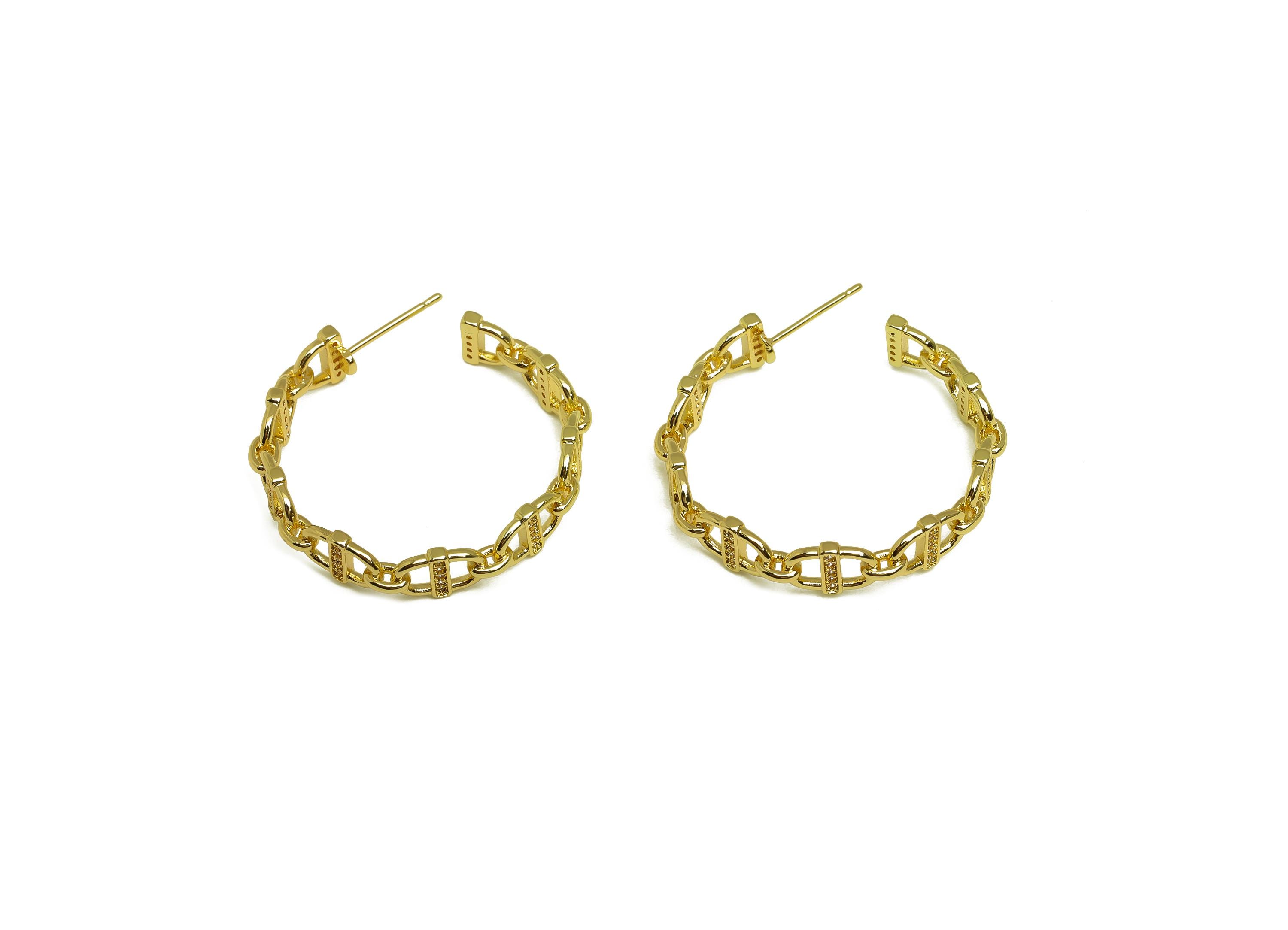 Brass Round Hoop Earring - Gold Geometry C Earring Stud - Zircon Open Round Earring Post - 18K Real Gold Plated- 31.25x31.25x1.64mm- RGP7981 - DOMEDBAZAAR