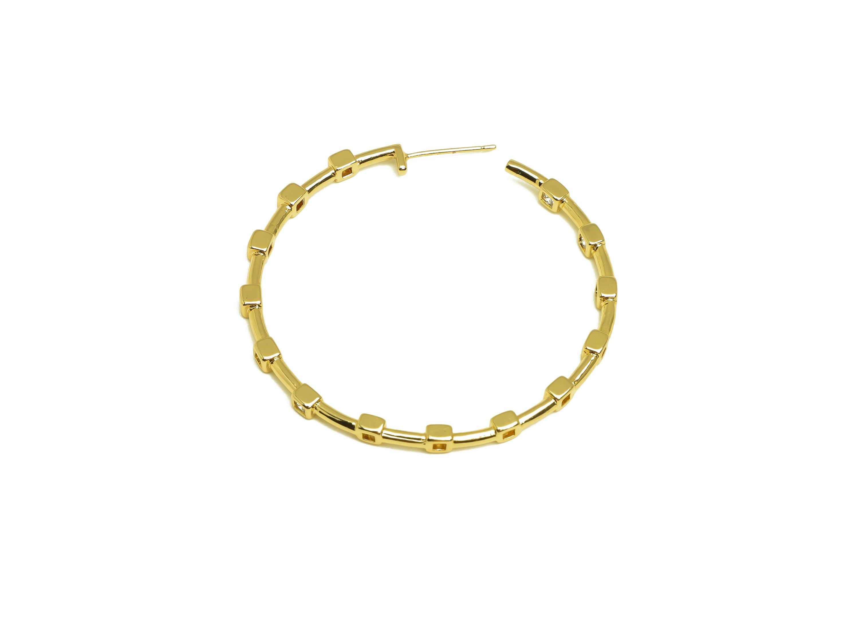 Brass Round Hoop Earring - Gold Square Zircon C Earring Stud - CZ Open Round Earring Post - 18K Real Gold Plated- 44.23x44.23x2.74mm-RGP7982 - DOMEDBAZAAR
