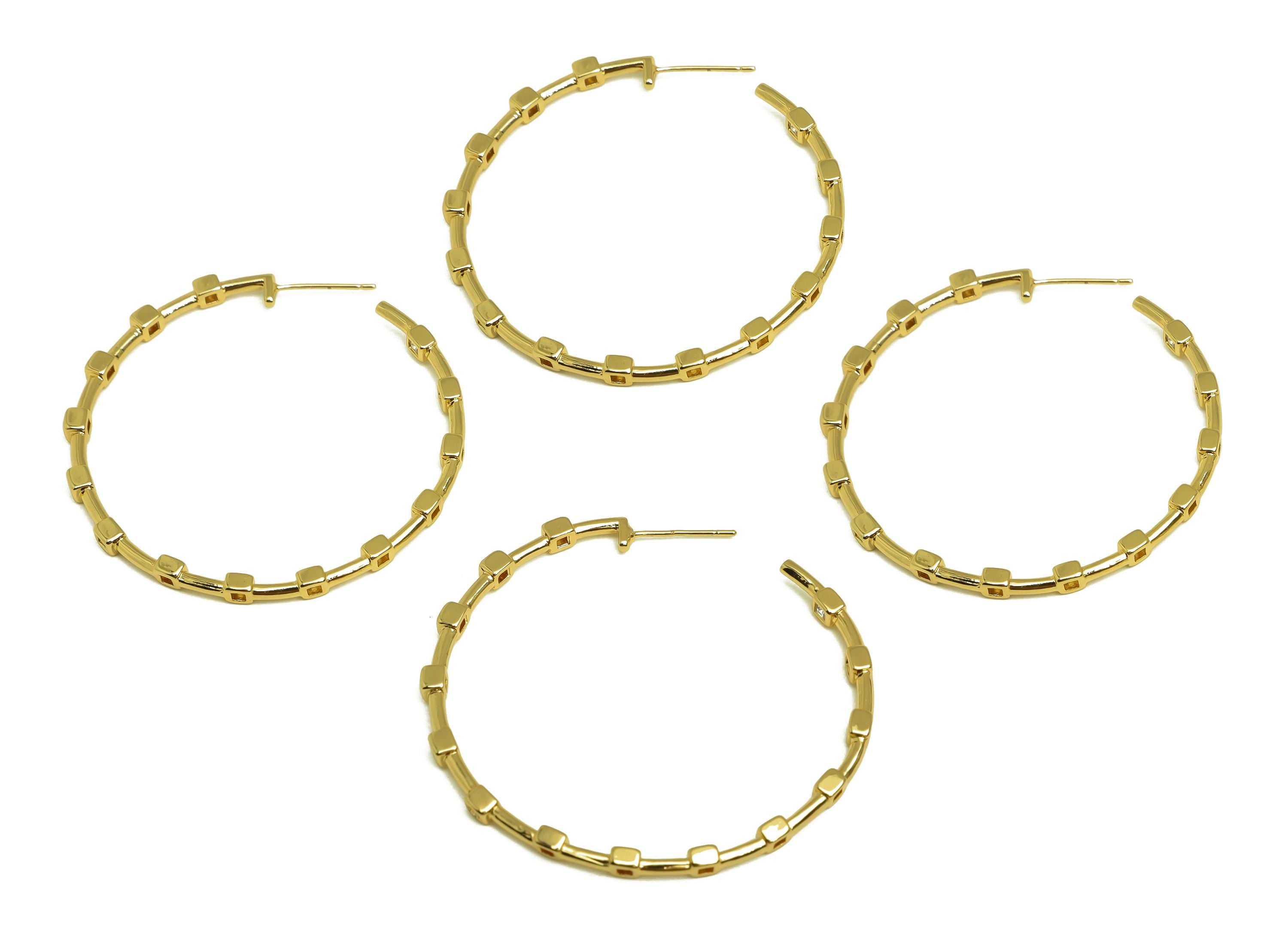 Brass Round Hoop Earring - Gold Square Zircon C Earring Stud - CZ Open Round Earring Post - 18K Real Gold Plated- 44.23x44.23x2.74mm-RGP7982 - DOMEDBAZAAR