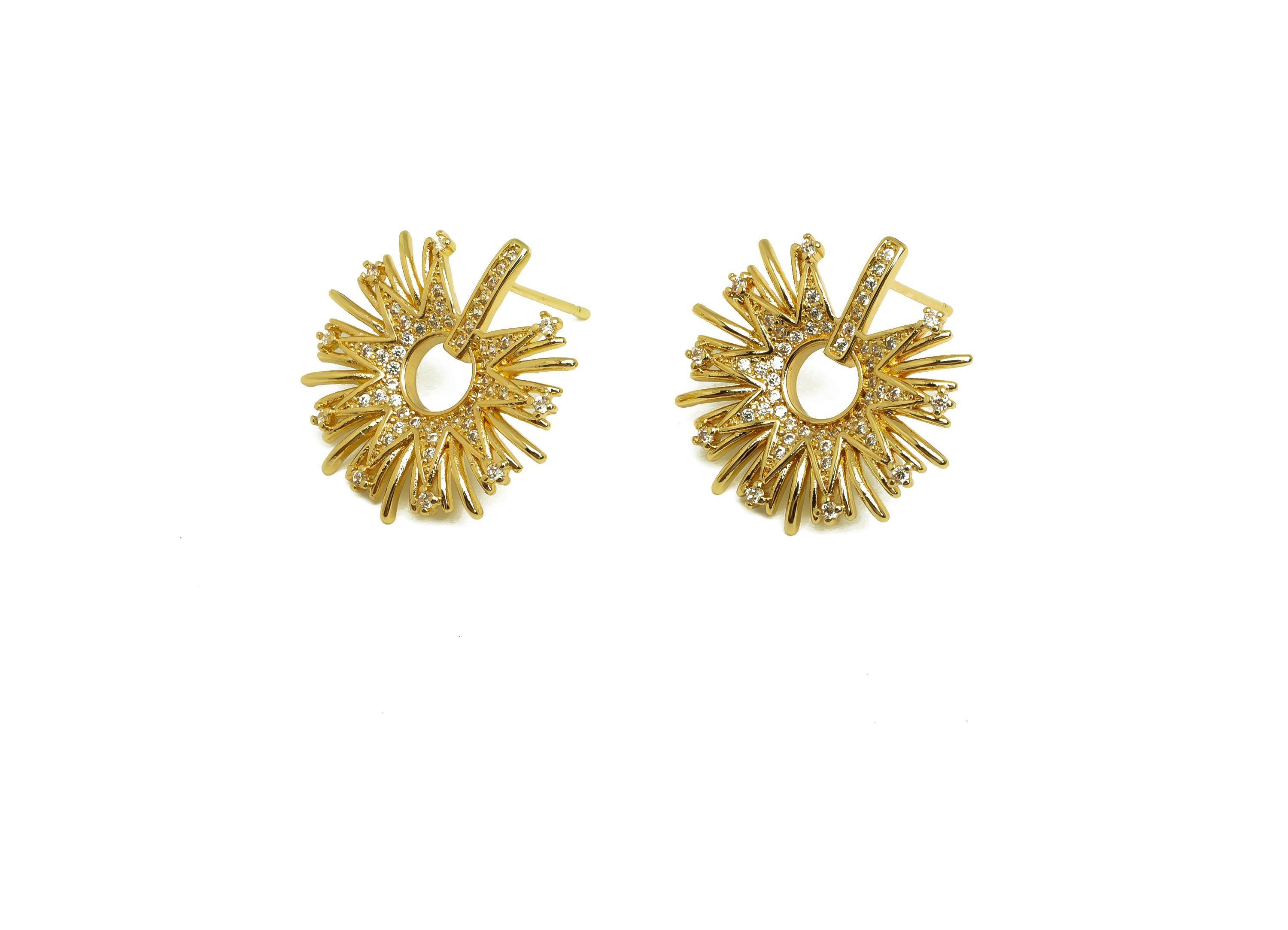 Brass Round Earring Post - Gold Sunshine Earring Stud - Textured Round Cubic Zircon Ear - 18K Real Gold Plated - 13.9x21.12x3.03mm - RGP7984 - DOMEDBAZAAR