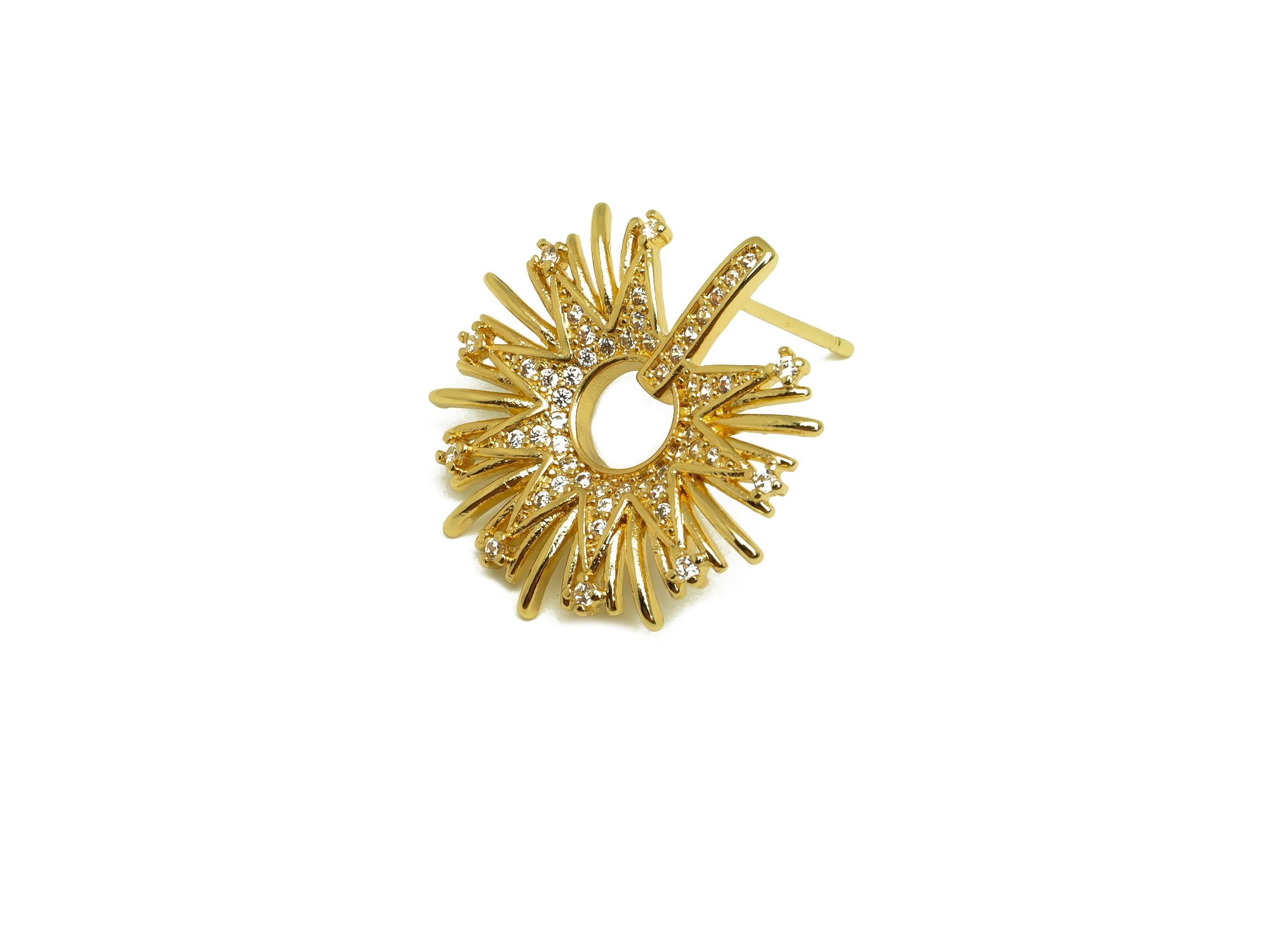 Brass Round Earring Post - Gold Sunshine Earring Stud - Textured Round Cubic Zircon Ear - 18K Real Gold Plated - 13.9x21.12x3.03mm - RGP7984 - DOMEDBAZAAR