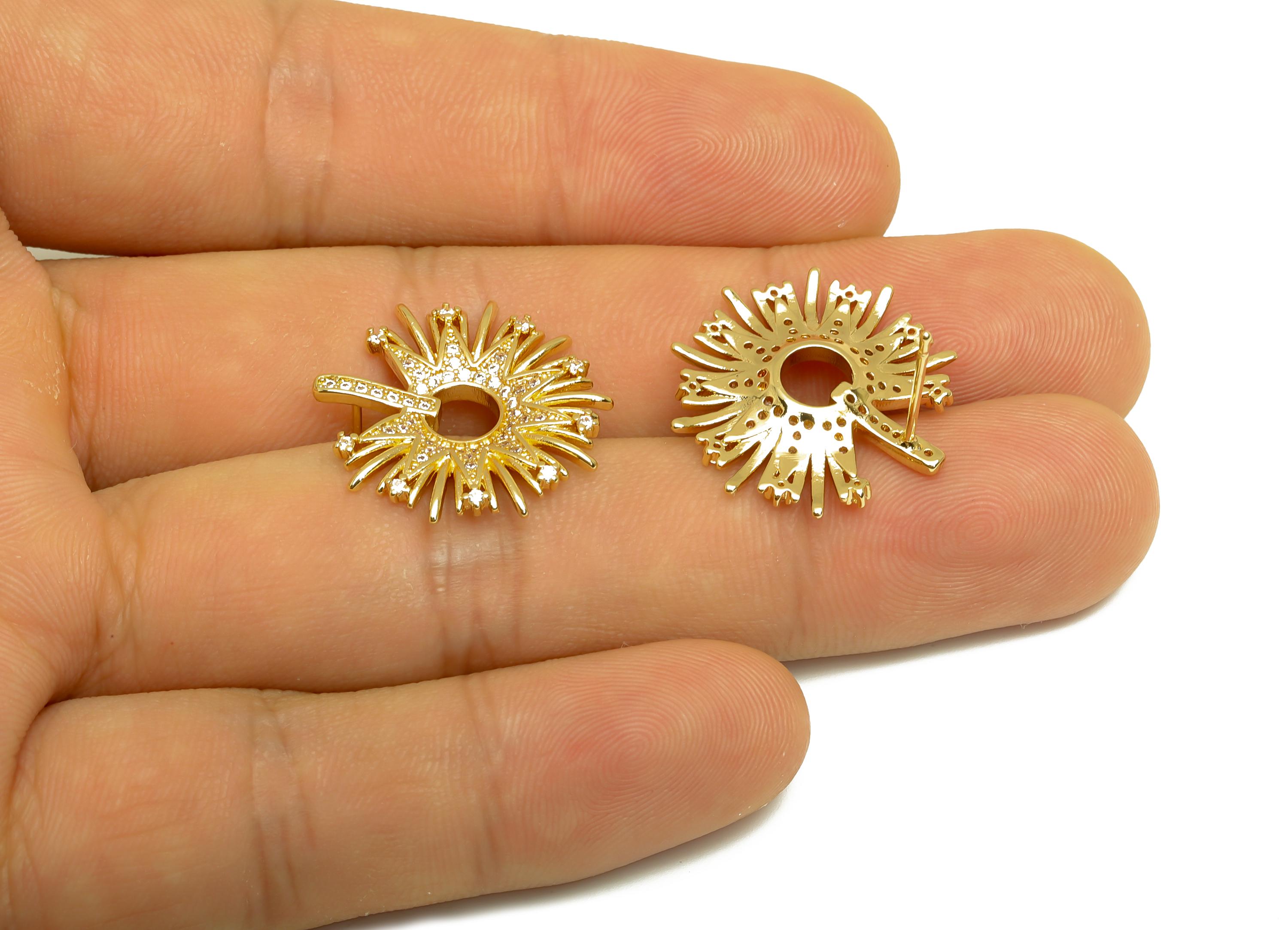 Brass Round Earring Post - Gold Sunshine Earring Stud - Textured Round Cubic Zircon Ear - 18K Real Gold Plated - 13.9x21.12x3.03mm - RGP7984 - DOMEDBAZAAR