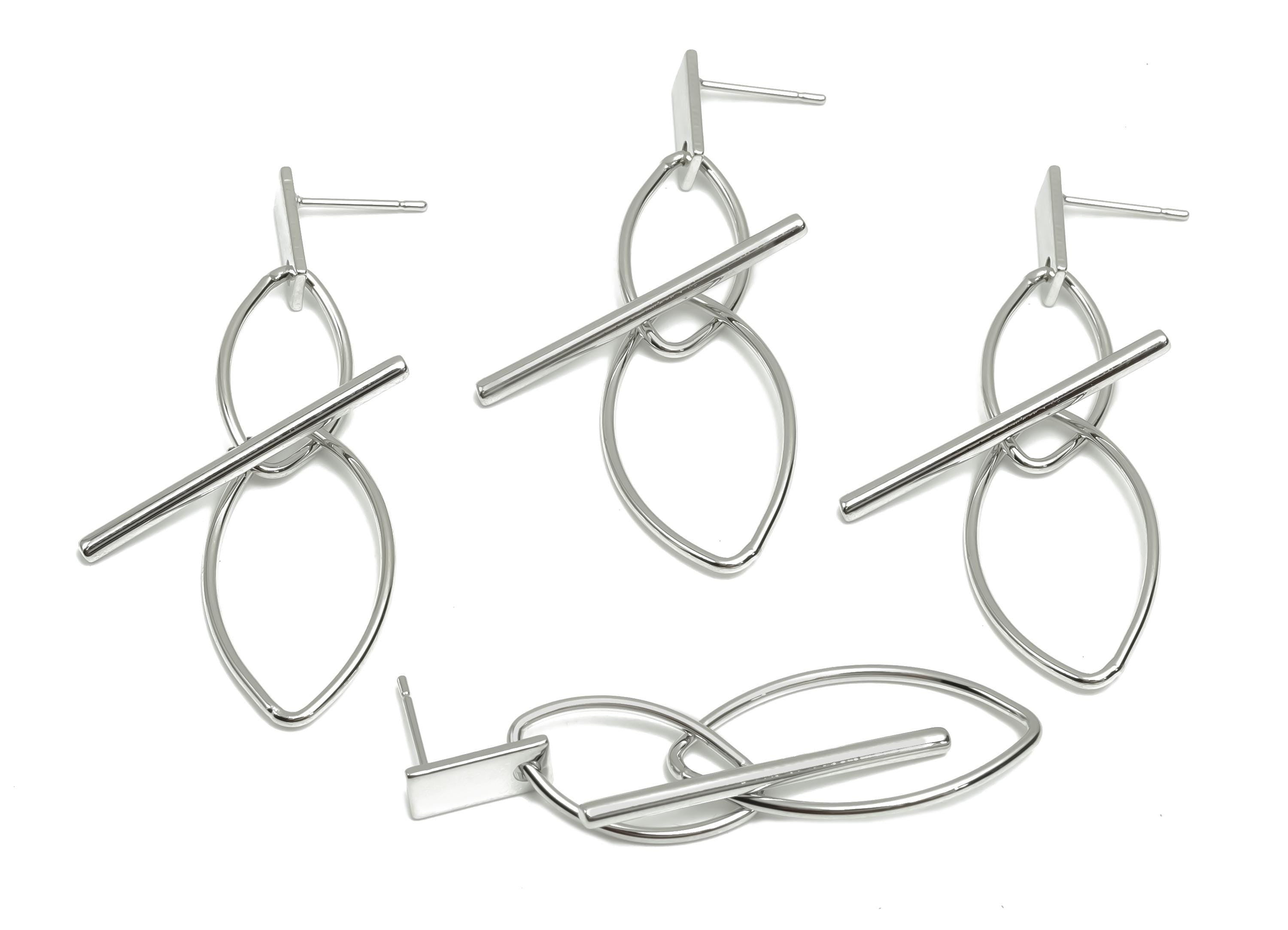 Brass Dangle Wire Earring Post - Brass Marquise Earring Post - Interlock Earring Post  - 18K Real White Gold Plating - 52x14x1mm - RGP8057 - DOMEDBAZAAR