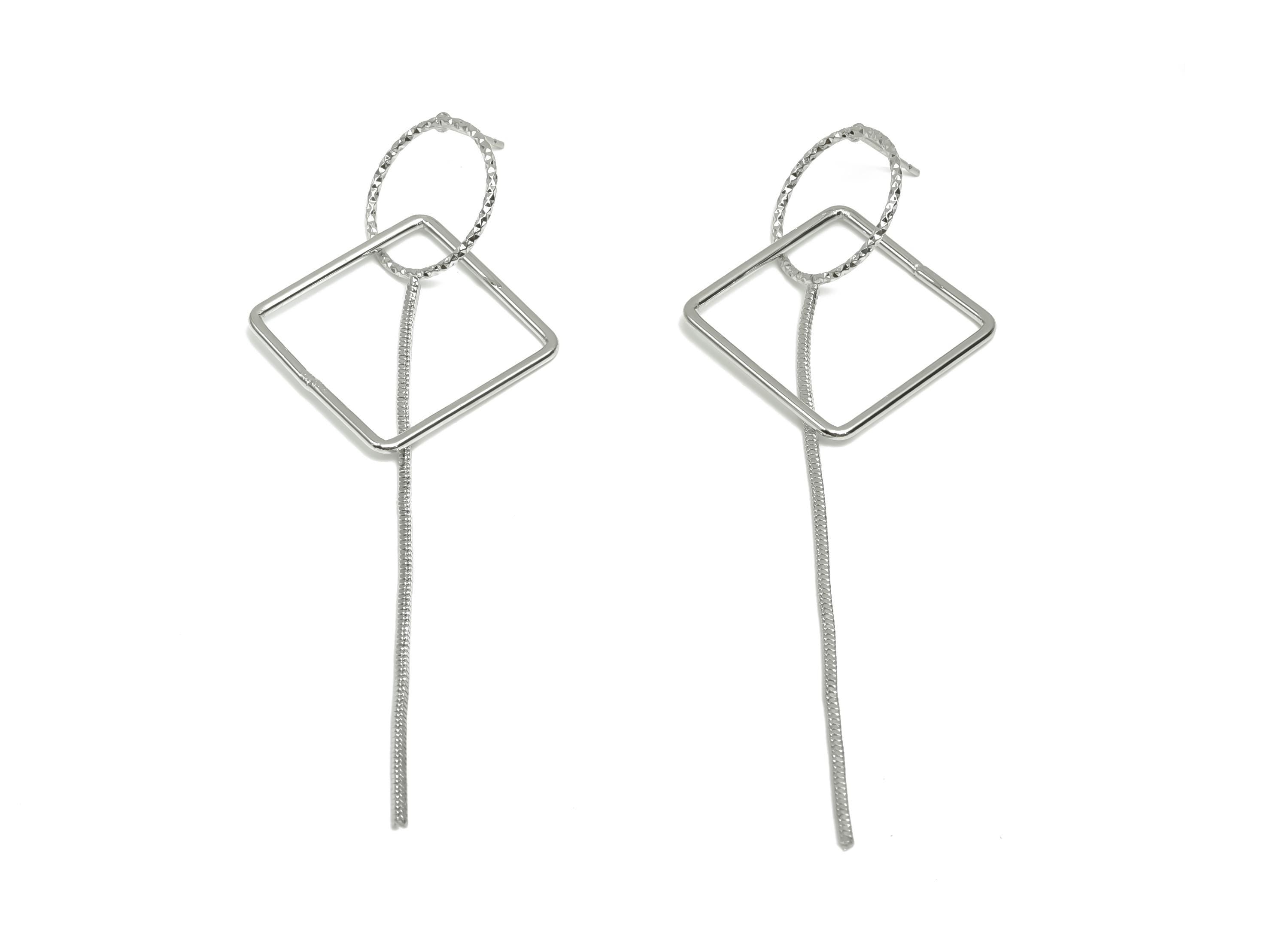 Brass Square Earring Post -  Brass Textured Tassel  Earring Post - Chain Earring Post - 18K Real White Gold Plating - 88x32x1mm - RGP8058 - DOMEDBAZAAR