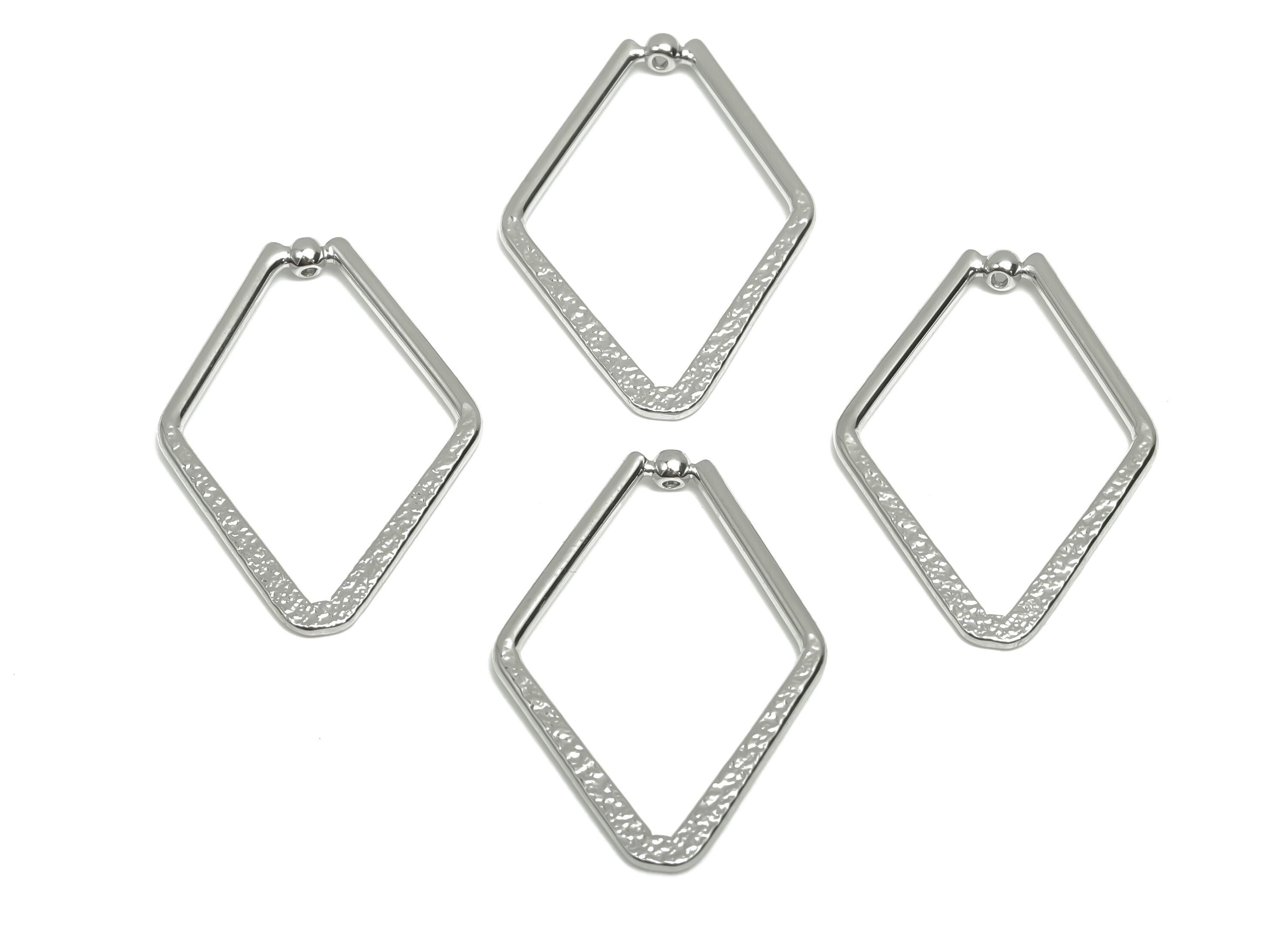 Brass Diamond Earring Charm - Brass Textured Rhombic Earring Charm - Geometry Pendant - 18K Real White Gold Plating - 28x19x1.29mm - RGP8070 - DOMEDBAZAAR