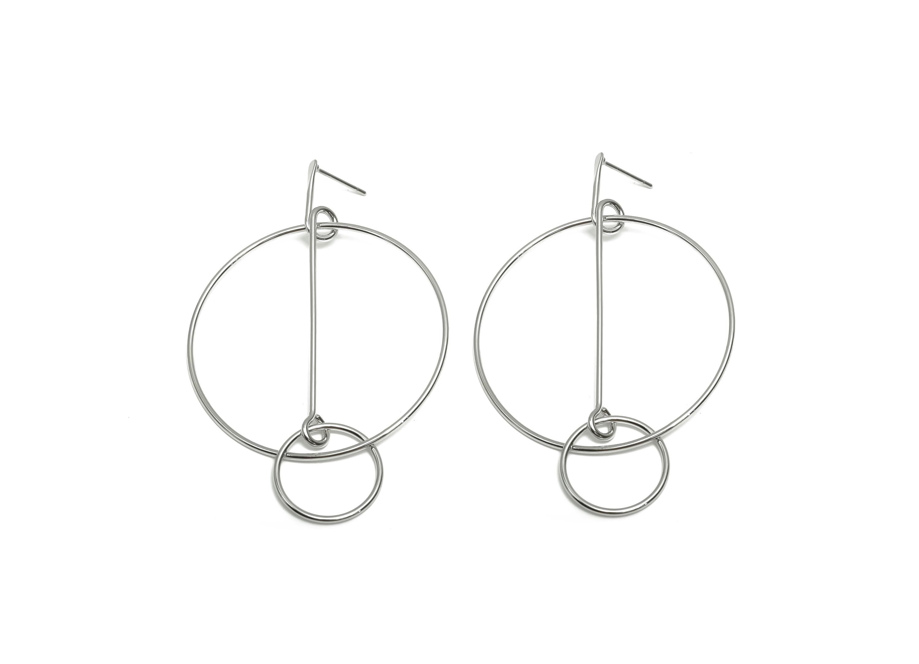Brass Round Earring Stud - Brass Dangle Earring Post - Geometry Hammered Earring Post - 18K Real White Gold Plated - 57x45x0.73mm - RGP8088 - DOMEDBAZAAR