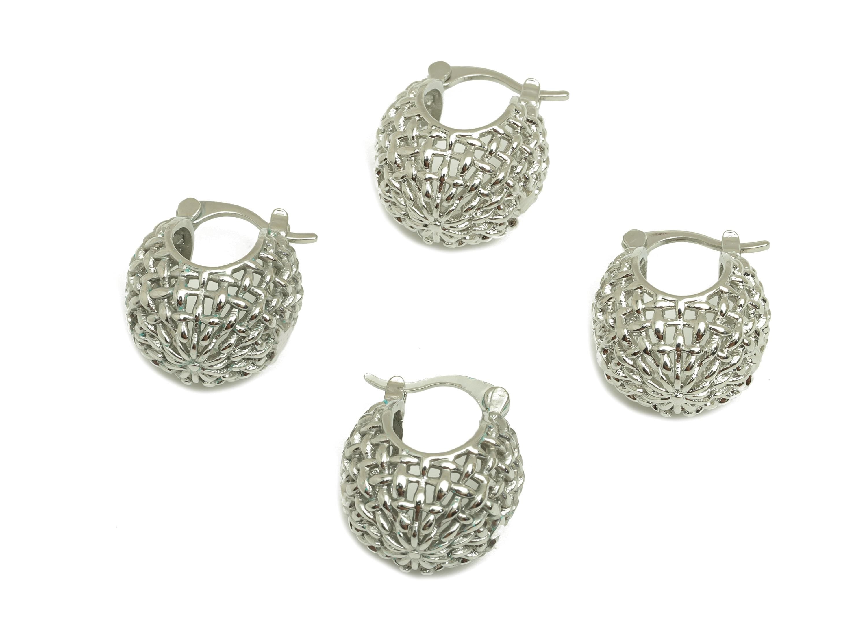 Brass Mesh Hoop Earring - Brass Basket Mesh Back Earring - Wire Hinged Back Hoop Earring - 18K Real White Gold Plating - 17x16x14mm -RGP7767 - DOMEDBAZAAR