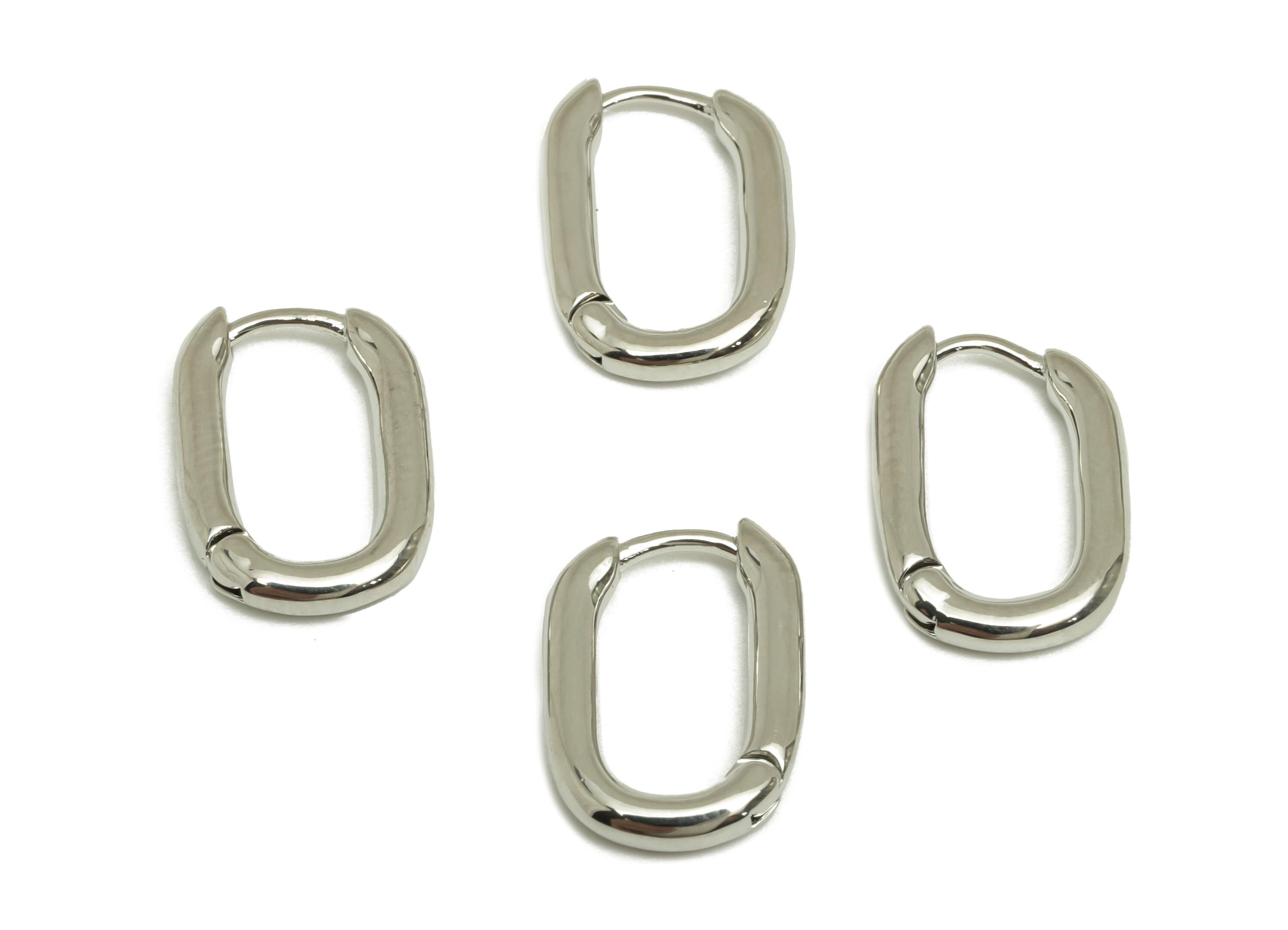 Brass Rectangle Hoop Earring - Brass Huggie Hoop Earring - Geometry Clasp Earring - 18K Real White Gold Plating - 14x10x2.09mm - RGP7775 - DOMEDBAZAAR
