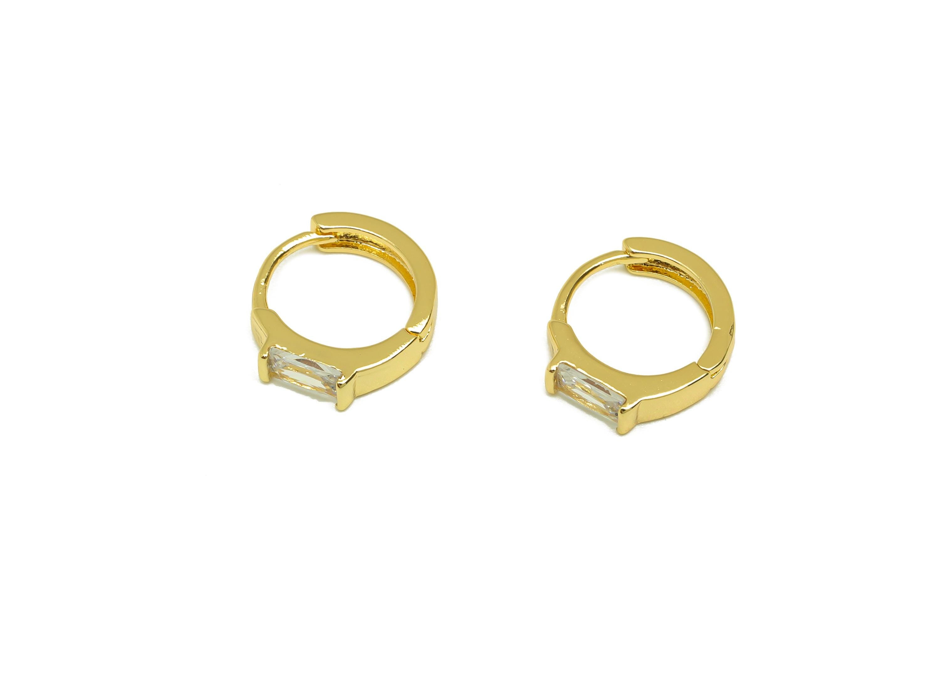 Brass Rectangle CZ Hoop Earring - Brass Huggie Hoop Earring - Cubic Zircon Clasp Earring - 18K Real Gold Plating - 13x11x2mm - RGP7790 - DOMEDBAZAAR
