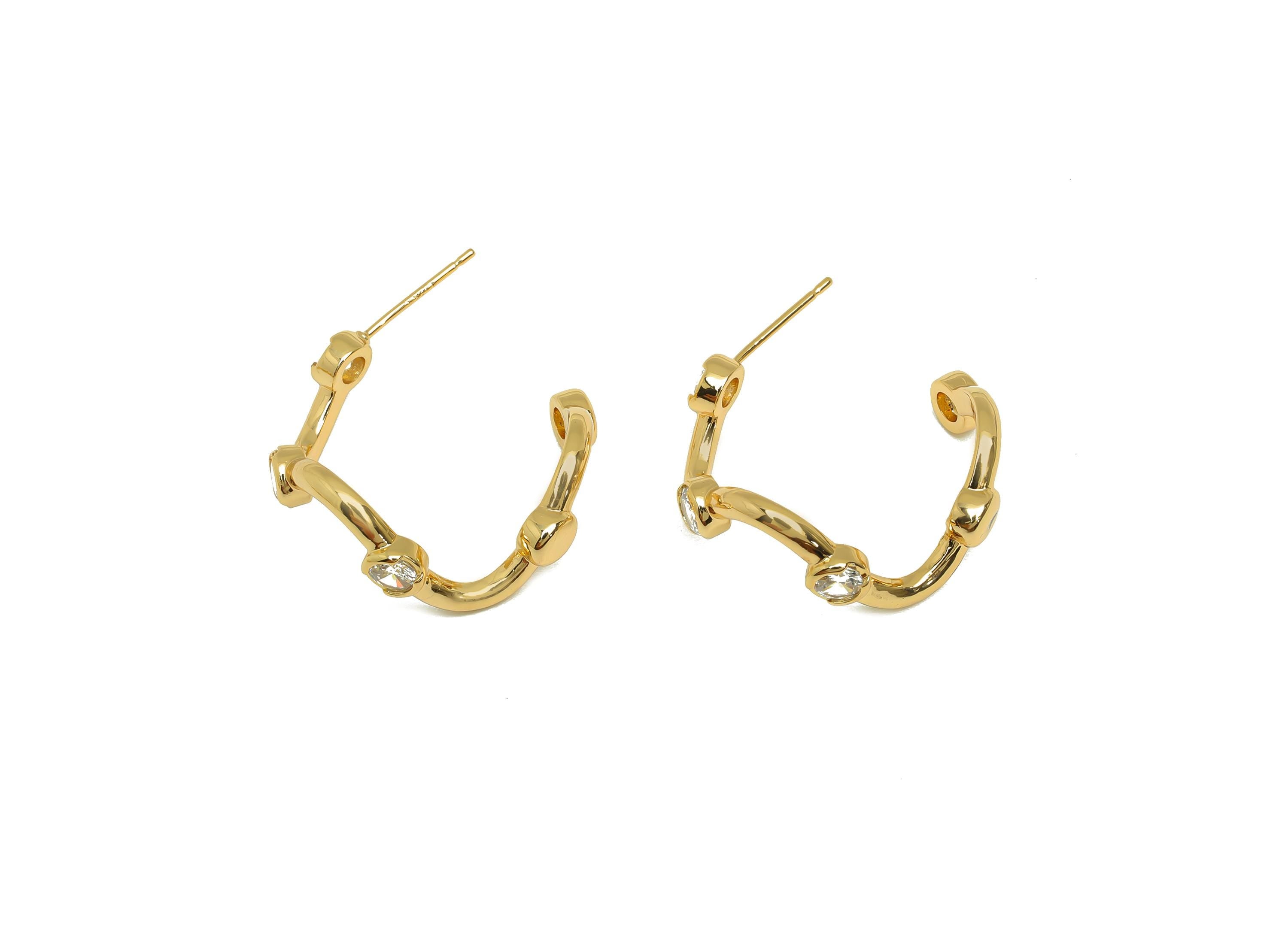 Brass C Wave Earring Post - Gold Zircon Wave Earring Stud - CZ Open Round Earring Post - 18K Real Gold Plating - 26.15x26x3.22mm - RGP7624 - DOMEDBAZAAR
