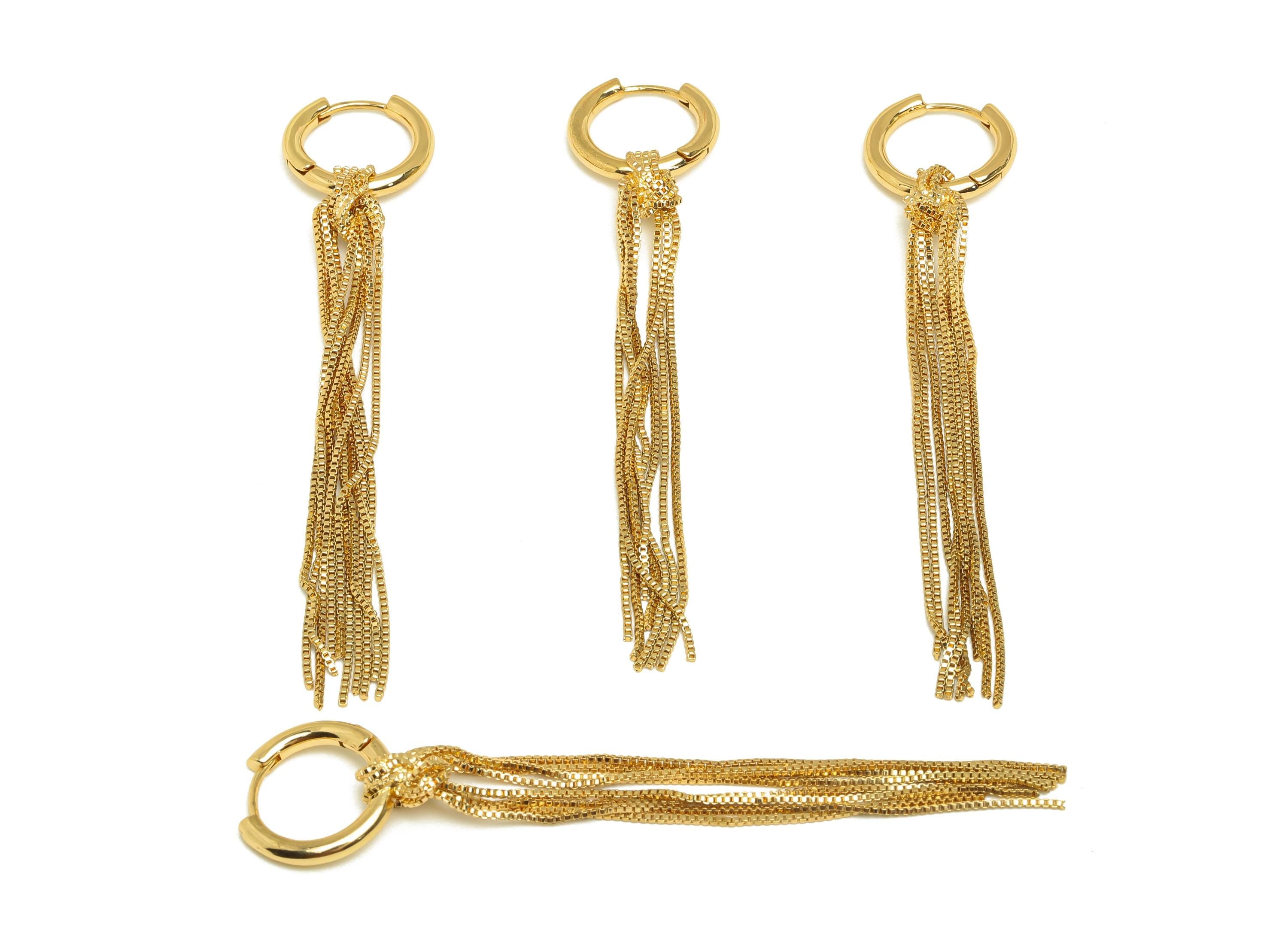 Tassel Huggie Hoop Earring - Brass Round Long Tassel Chain Earring - Gold Chian Tassel Earring - 18K Real Gold Plated -79x17x2.9mm - RGP7627 - DOMEDBAZAAR