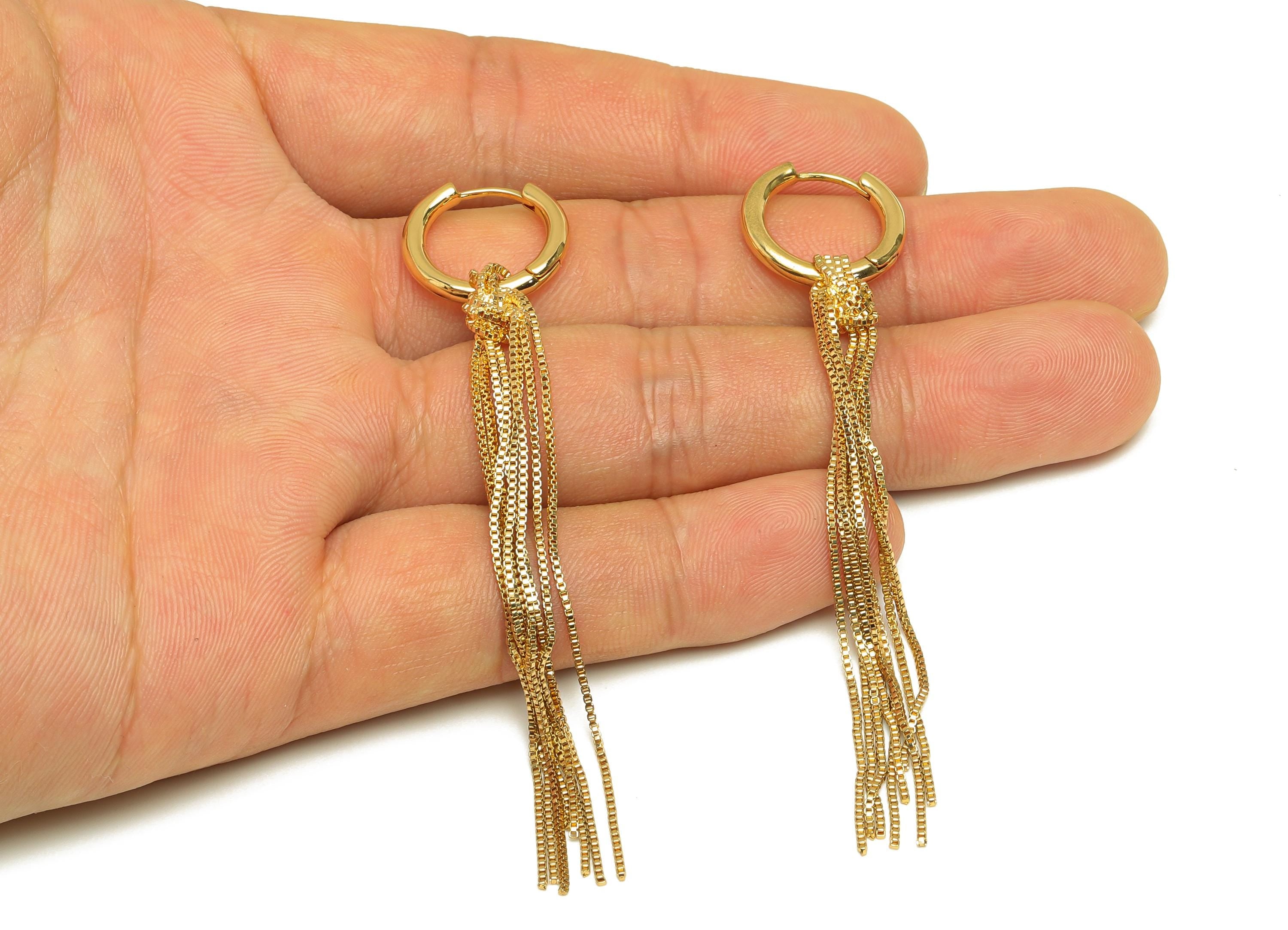 Tassel Huggie Hoop Earring - Brass Round Long Tassel Chain Earring - Gold Chian Tassel Earring - 18K Real Gold Plated -79x17x2.9mm - RGP7627 - DOMEDBAZAAR