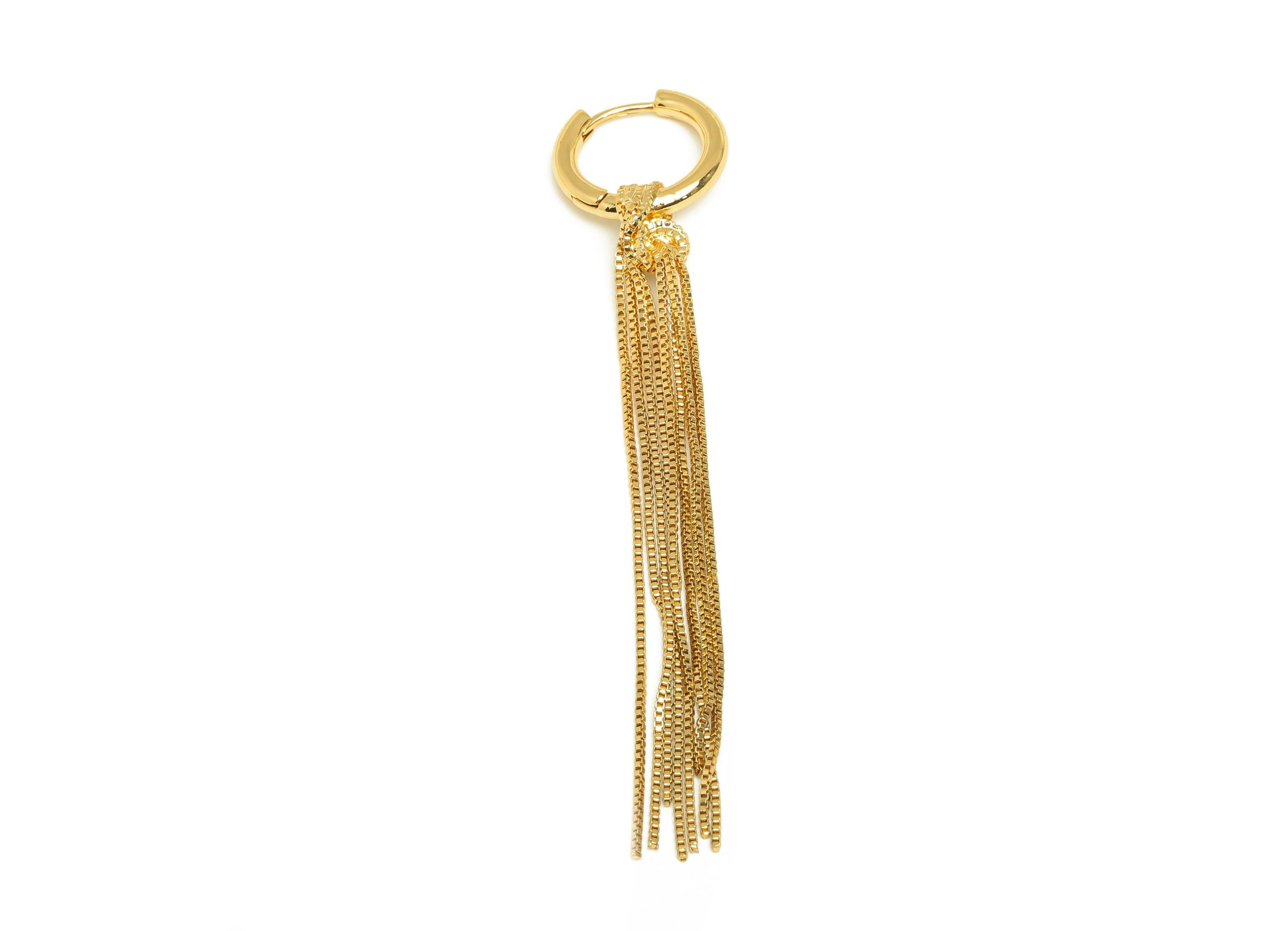 Tassel Huggie Hoop Earring - Brass Round Long Tassel Chain Earring - Gold Chian Tassel Earring - 18K Real Gold Plated -79x17x2.9mm - RGP7627 - DOMEDBAZAAR