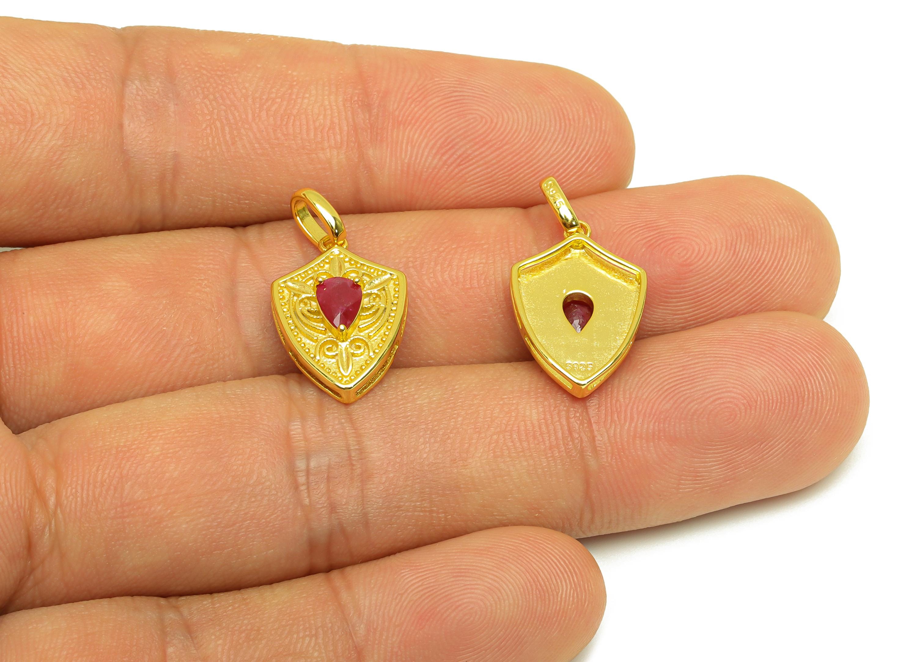 Ruby Natural Stone Pendant - Silver Gemstone Shield Earring Charm - Red Crystal Pendant - 18K Real Gold Plating - 23.28x12.45x5.09mm-RGP7629 - DOMEDBAZAAR