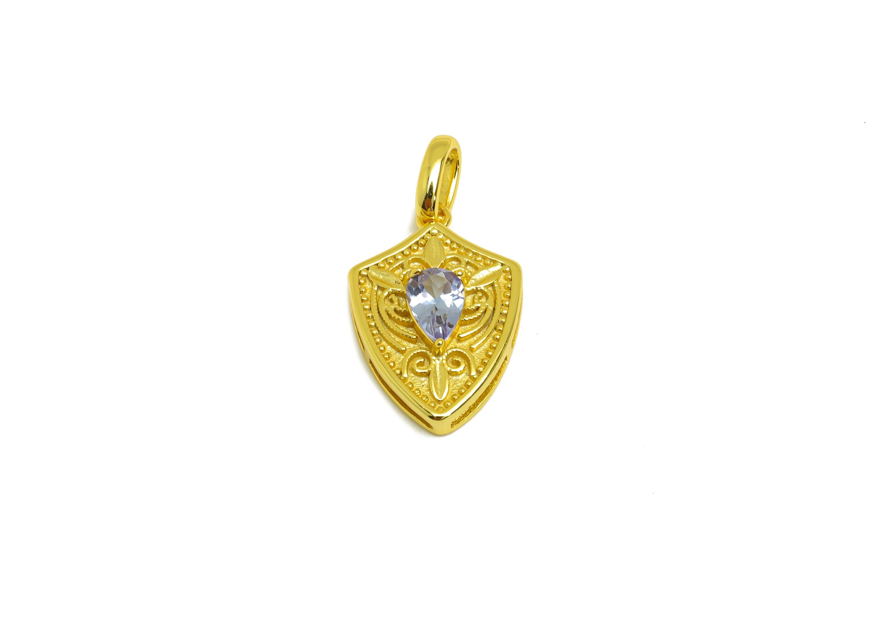 Tanzanite Natural Stone Pendant - Silver Gemstone Shield Earring Charm - Crystal Pendant - 18K Real Gold Plating -23.28x12.45x5.09mm-RGP7630 - DOMEDBAZAAR
