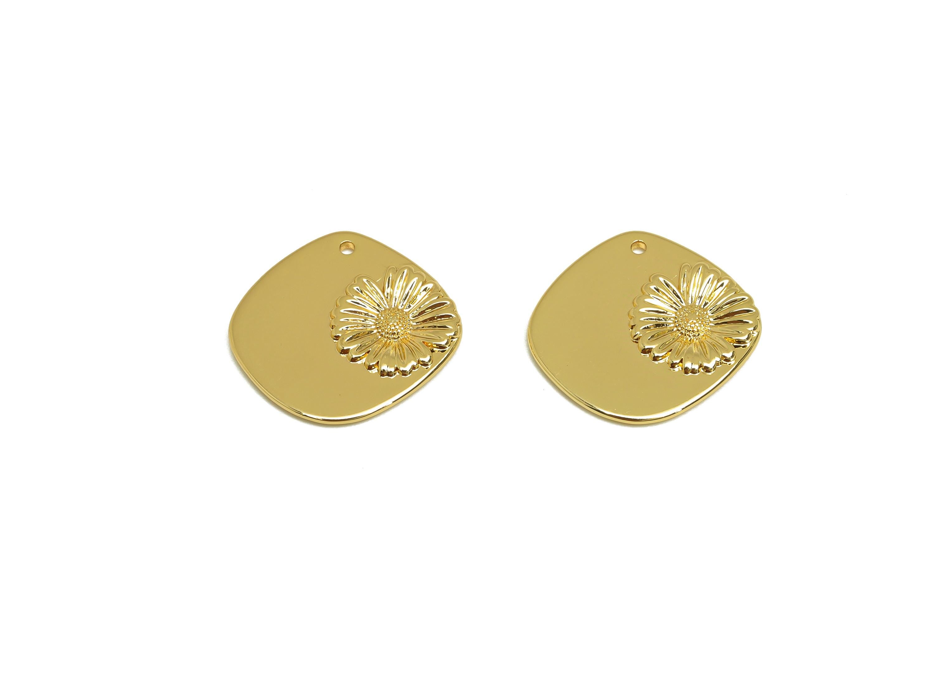 Brass Square Daisy Charm - Textured Flower Earring Charm - Gold Daisy Pendant - For Necklace - 18k Real Gold Plated -17.68x16.98x2mm-RGP7634 - DOMEDBAZAAR