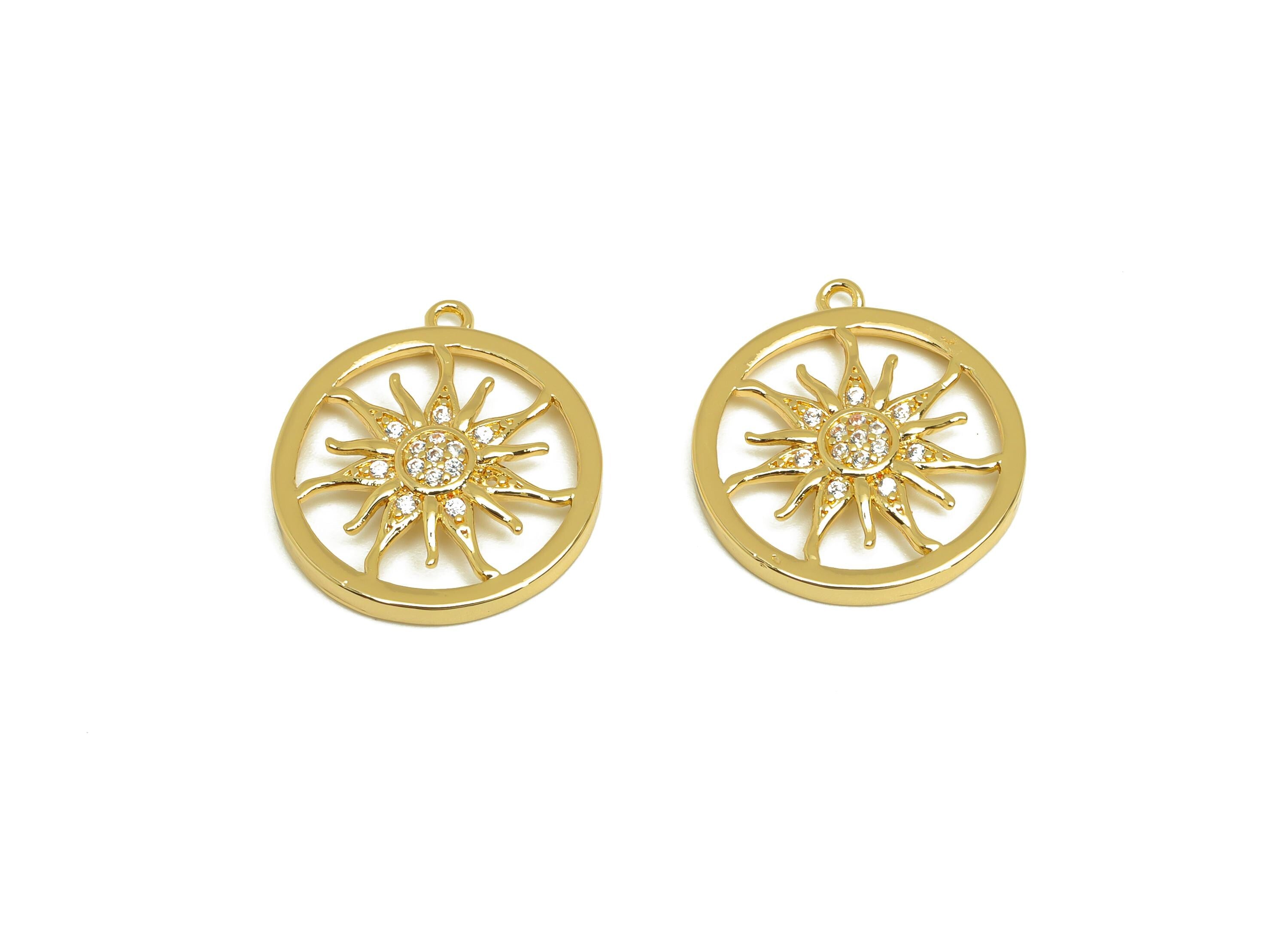 Brass Sun Earring Charm - Gold Zircon Sunshine Pendant - Round Sun Charm - For Necklace - 18K Real Gold Plating - 19.64x17.8x1.17mm -RGP7635 - DOMEDBAZAAR