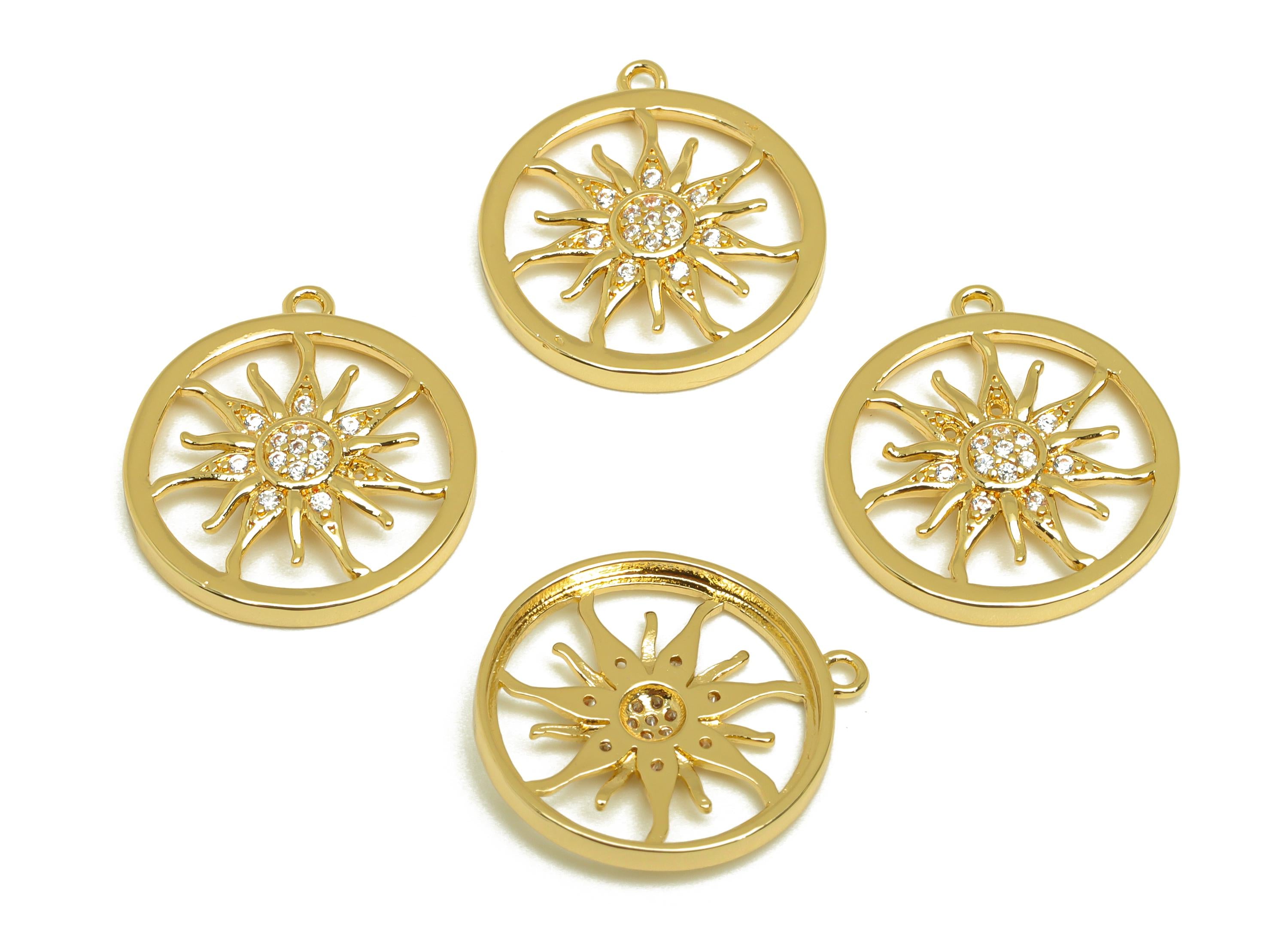 Brass Sun Earring Charm - Gold Zircon Sunshine Pendant - Round Sun Charm - For Necklace - 18K Real Gold Plating - 19.64x17.8x1.17mm -RGP7635 - DOMEDBAZAAR