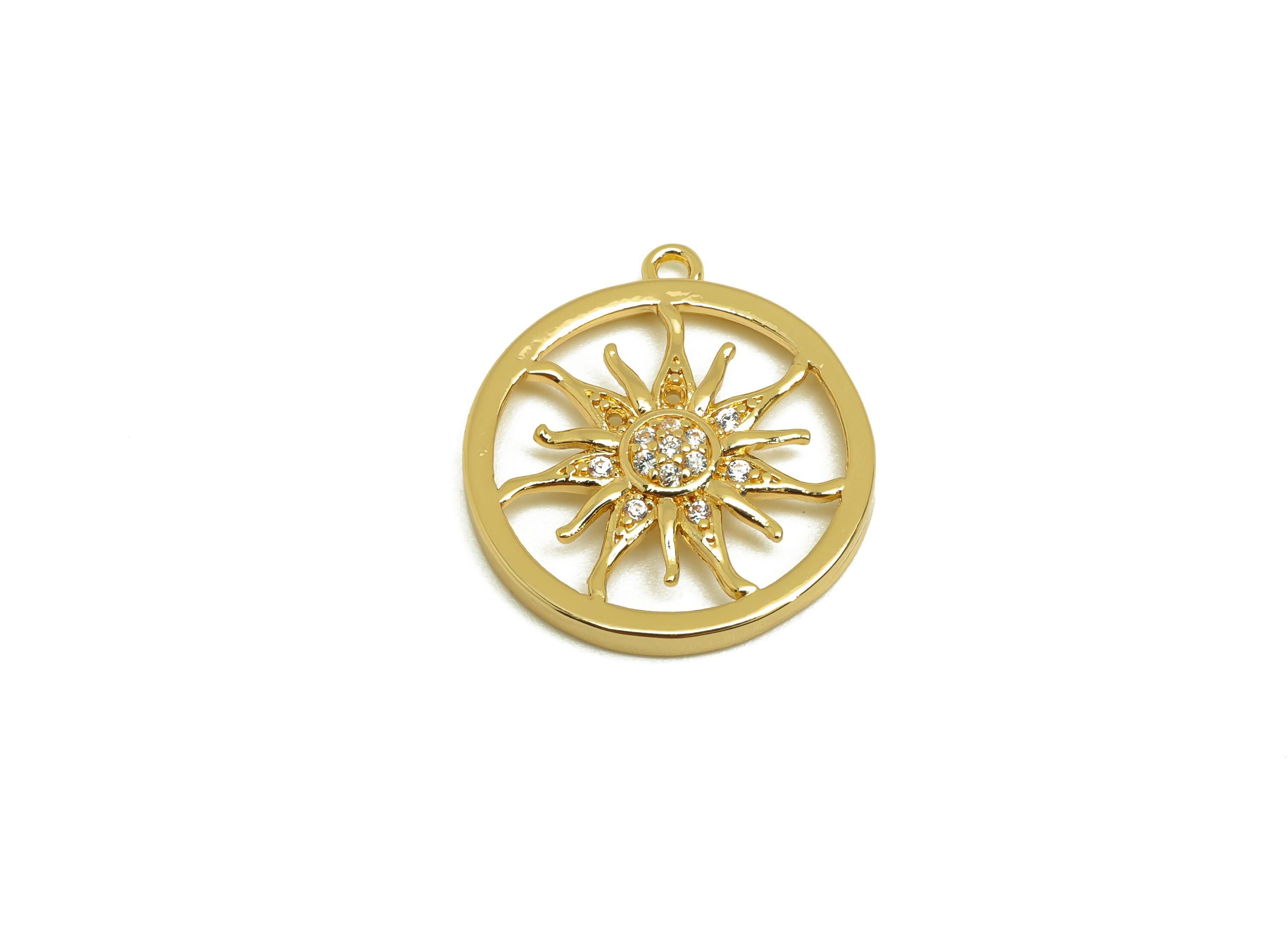 Brass Sun Earring Charm - Gold Zircon Sunshine Pendant - Round Sun Charm - For Necklace - 18K Real Gold Plating - 19.64x17.8x1.17mm -RGP7635 - DOMEDBAZAAR
