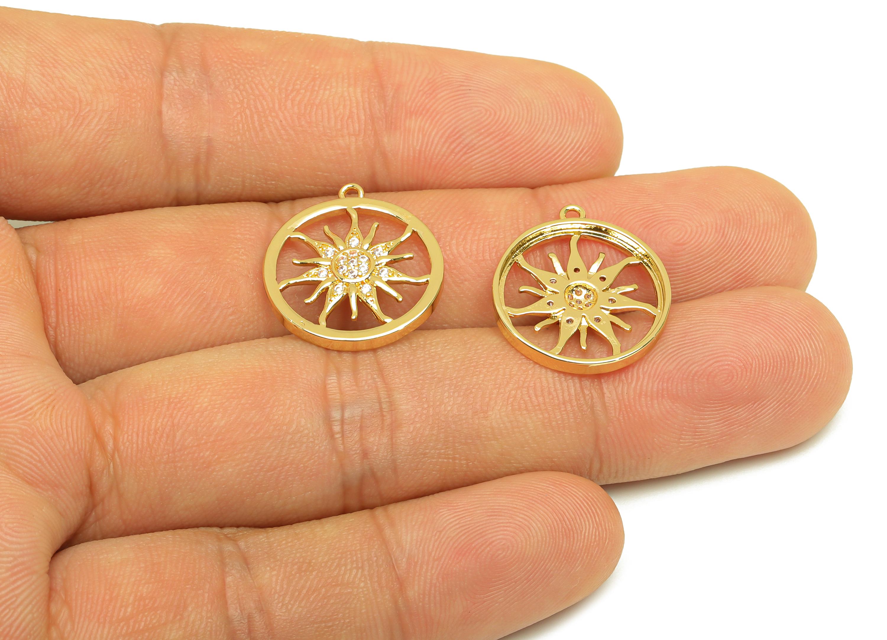 Brass Sun Earring Charm - Gold Zircon Sunshine Pendant - Round Sun Charm - For Necklace - 18K Real Gold Plating - 19.64x17.8x1.17mm -RGP7635 - DOMEDBAZAAR