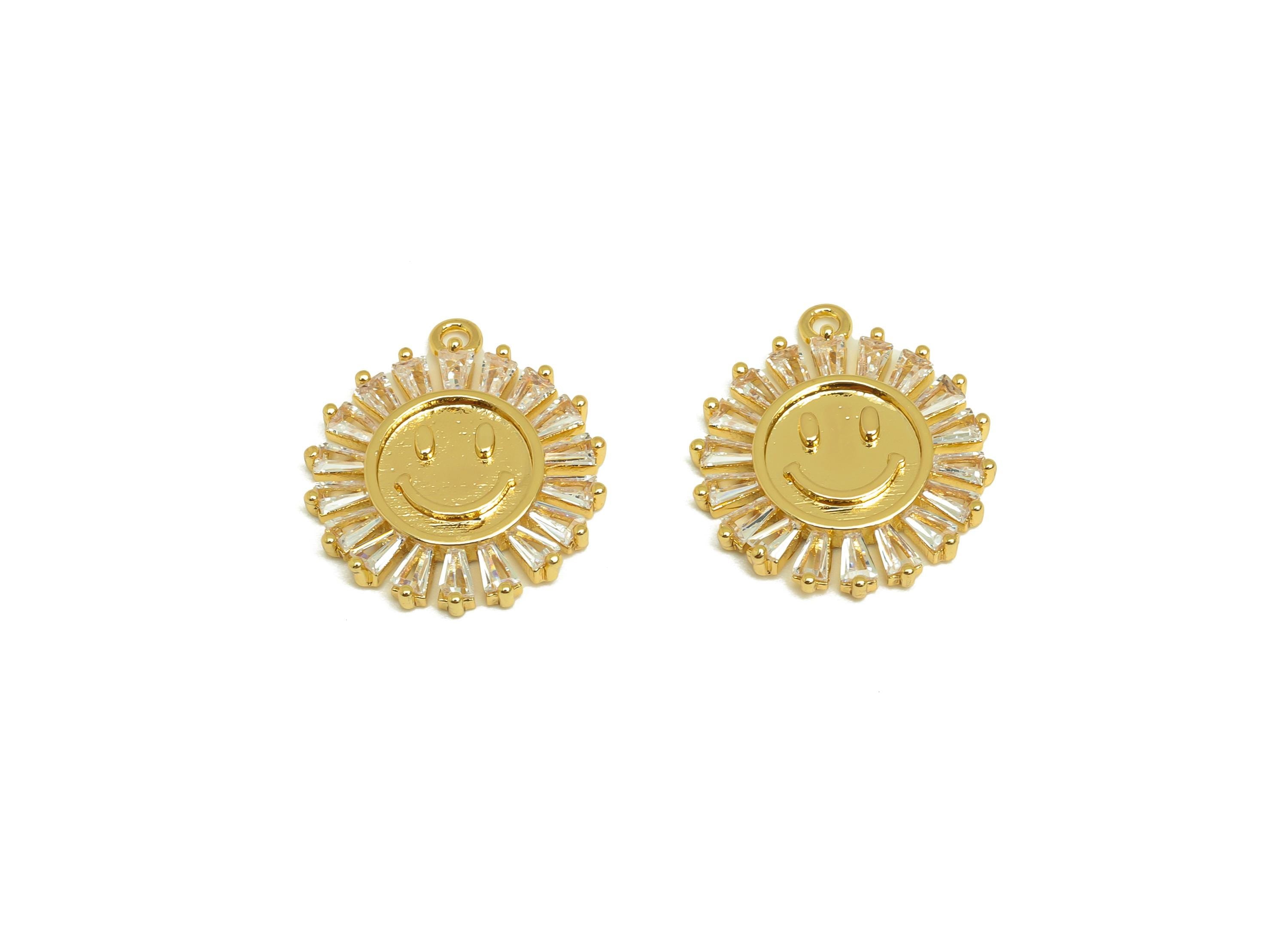 Brass Sun Face Charms - Gold Zircon Round Sun Face Pendant - Textured Round Earring Charm - 18K Real Gold Plated - 18.5x16.3x2.09mm- RGP7637 - DOMEDBAZAAR