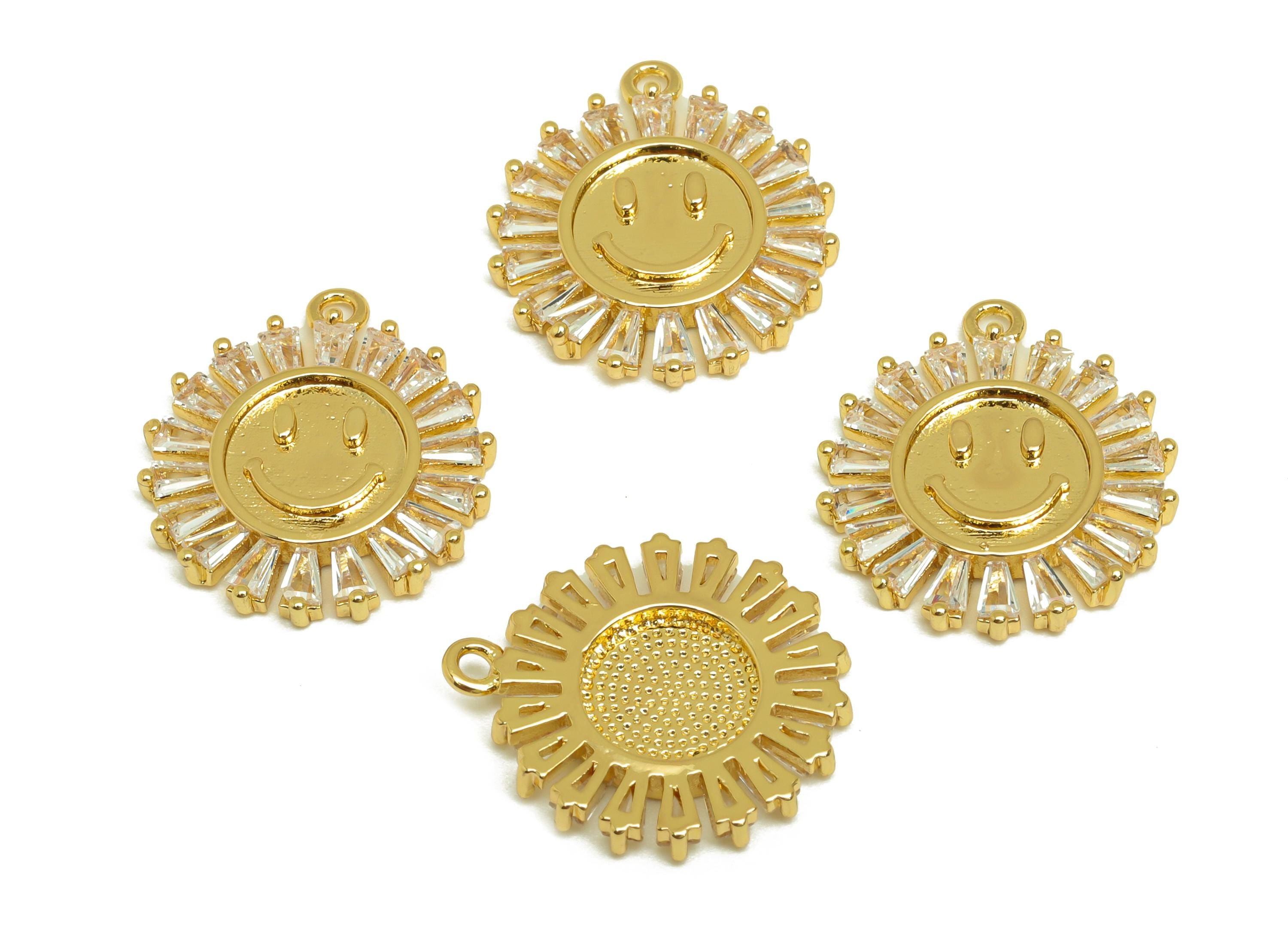 Brass Sun Face Charms - Gold Zircon Round Sun Face Pendant - Textured Round Earring Charm - 18K Real Gold Plated - 18.5x16.3x2.09mm- RGP7637 - DOMEDBAZAAR