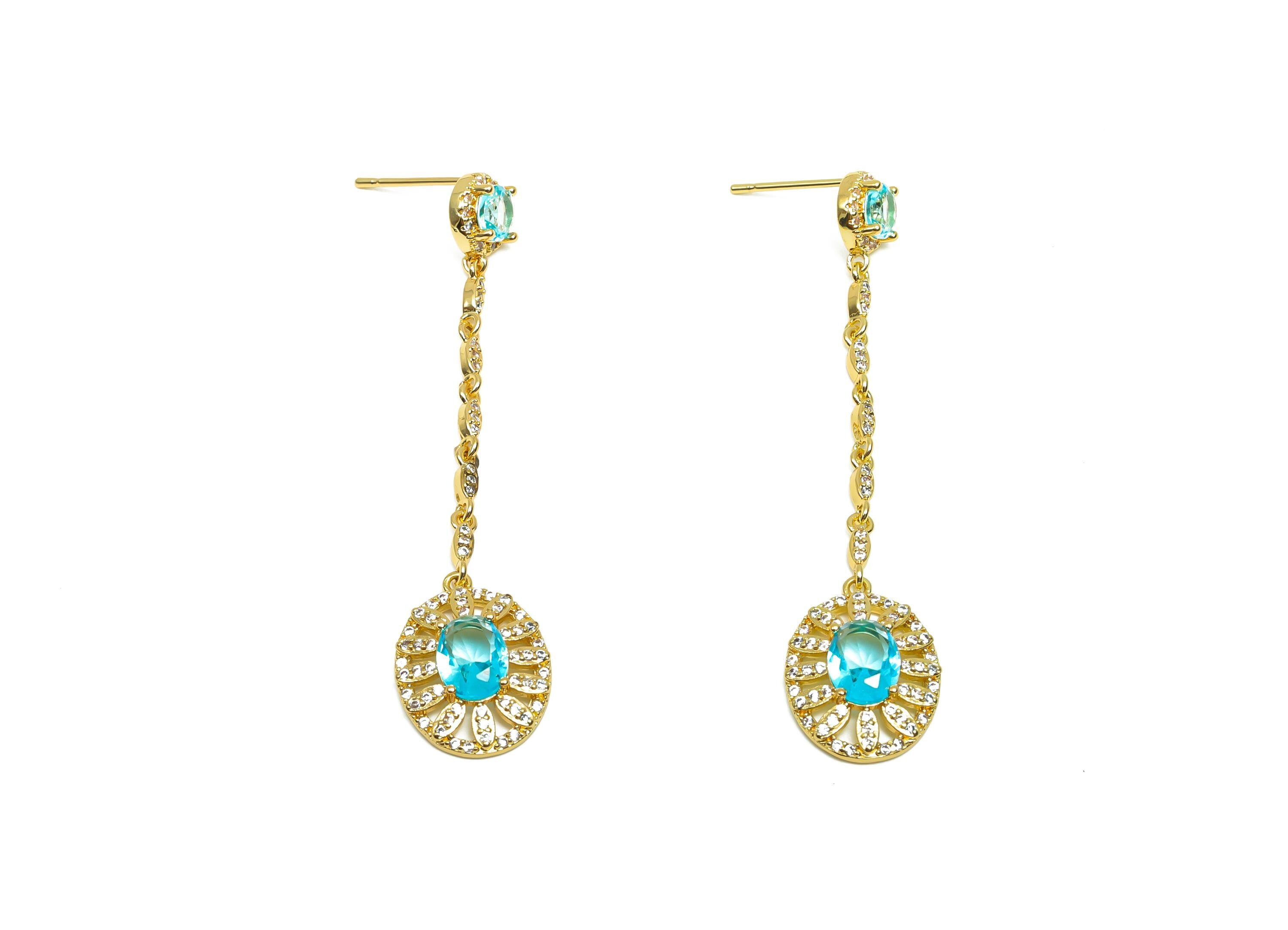 Brass CZ Dangle Earring Post - Brass Textured Oval Earring Post - Cubic Zircon Earring Post  - 18K Real Gold Plating - 56x13x4mm - RGP8188 - DOMEDBAZAAR