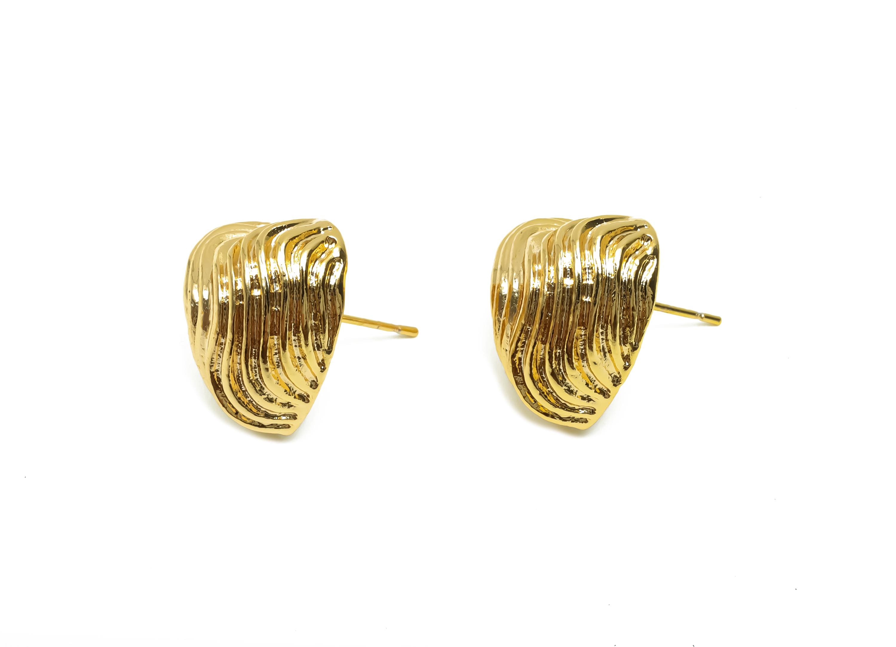 Brass Heart Earring Post -  Brass Textured Heart Earring Post - Brass  Cubic Heart Earring Post - 18K Real Gold Plating - 17x17x9mm -RGP8325 - DOMEDBAZAAR