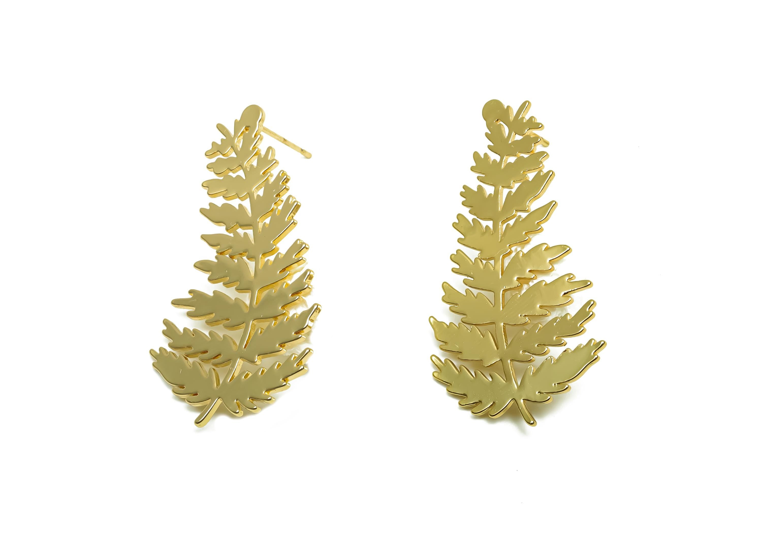Brass Leaf Earring Stud -  Brass Botanical Earring Post - Brass  Textured Leaf Earring Post - 18K Real Gold Plating - 39.6x22x1.1mm -RGP8340 - DOMEDBAZAAR
