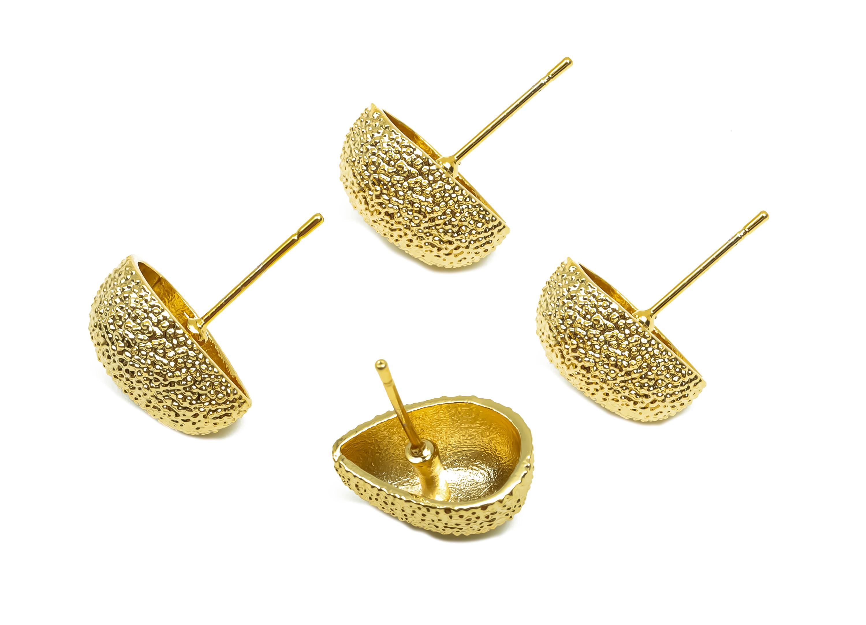 Brass Heart  Earring Stud -  Brass Textured Heart Earring Post - Frosted Heart Earring Post - 18K Real Gold Plating - 17x13.3x8mm - RGP8322 - DOMEDBAZAAR