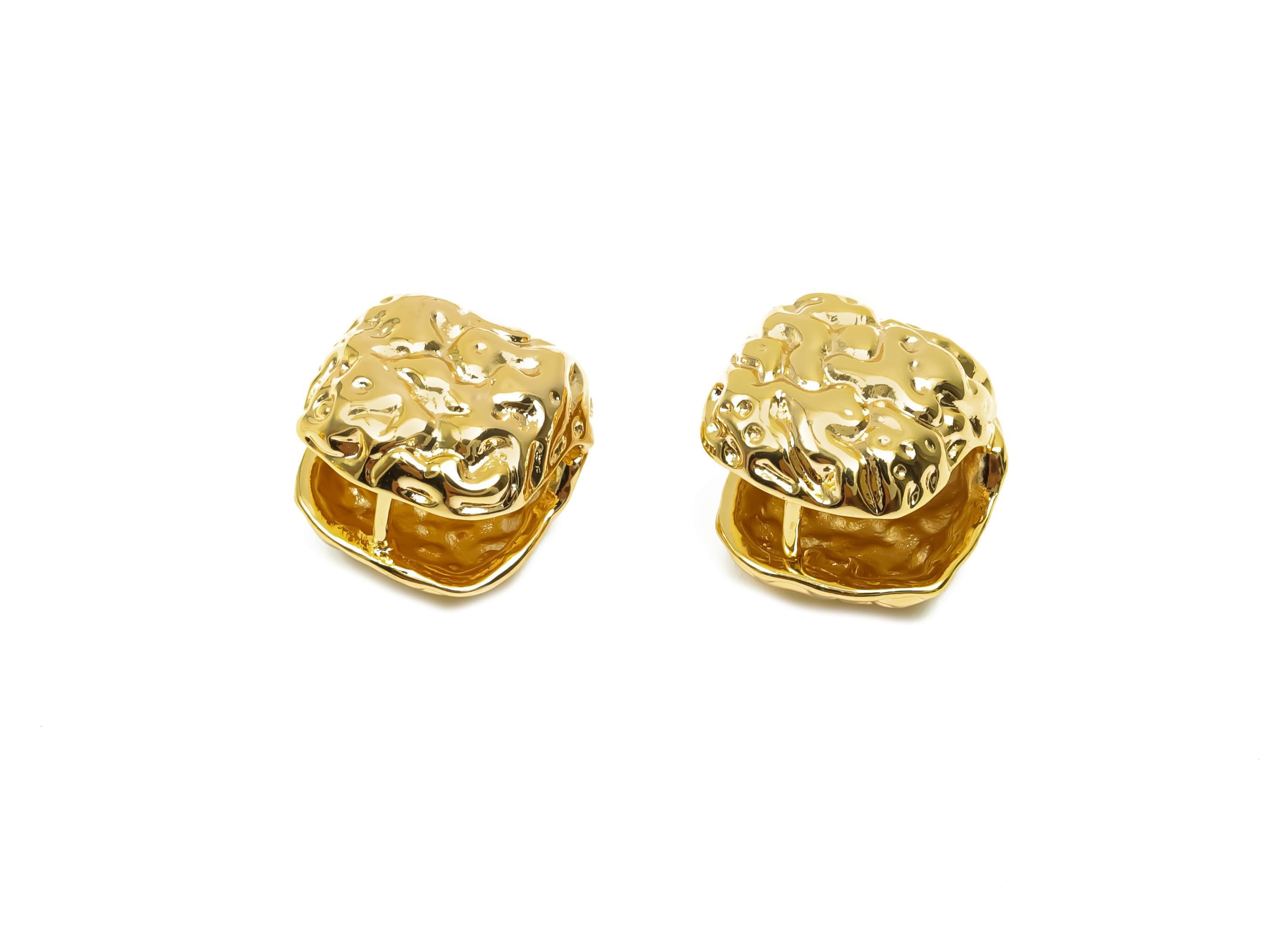 Brass Huggie Hoop Earring - Brass Textured Cube Earring - Brass Huggie Hoop Earring - 18K Real Gold Plating - 15.72x16.05x5.85mm - RGP8328 - DOMEDBAZAAR