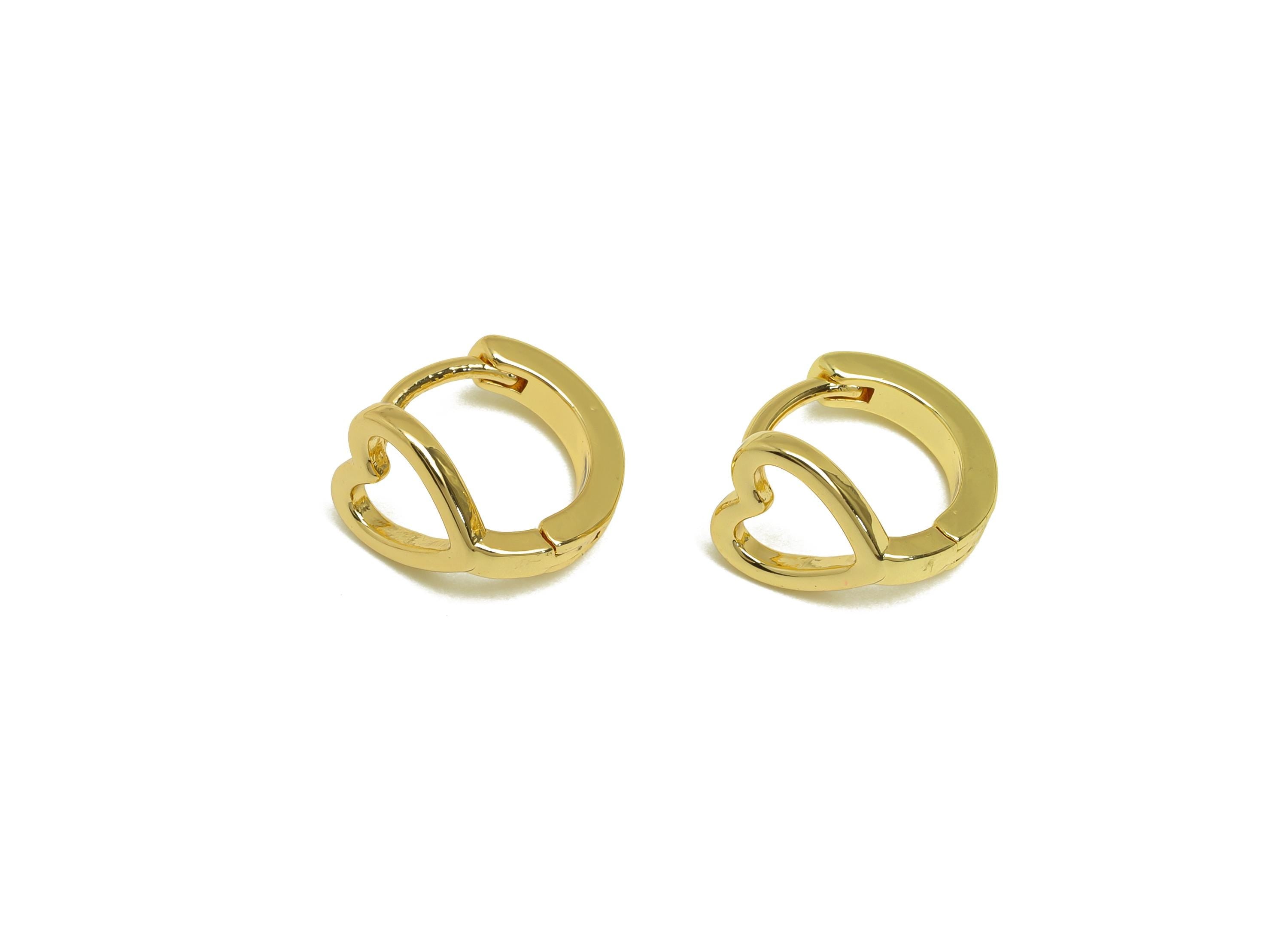 Brass Heart Hoop Earring - Gold Round Huggie Hoop Earring Clasps - Heart Huggie Hoop Ear - 18K Real Gold Plating - 11.3x11.2x1.7mm - RGP7644 - DOMEDBAZAAR