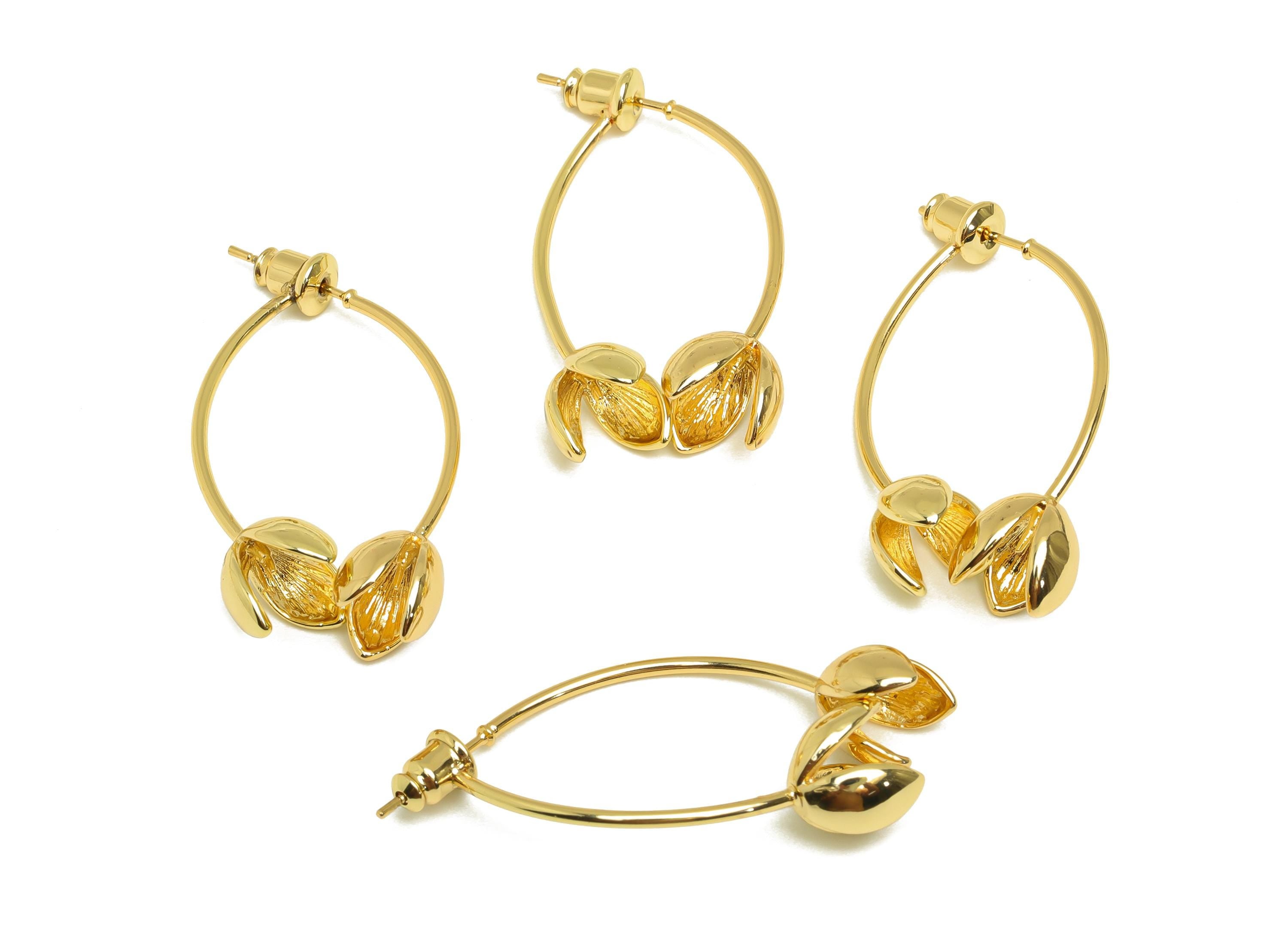 Brass Flower Earring Jacket - Botanical Flower Earring Post - Gold Flower Earring Stud - 18K Real Gold Plating - 38.25x9x8.66mm - RGP7648 - DOMEDBAZAAR