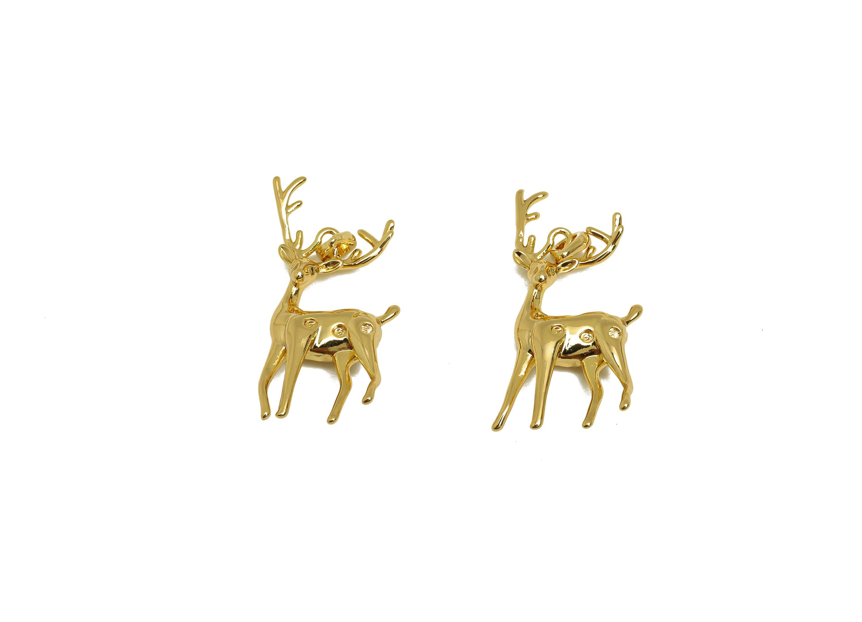 Brass Deer Earring Charm - Textured Sika Deer Pendant with Loop - Gold Animal Deer Charm - 18K Real Gold Plated - 10.35x23.5x3.27mm- RGP7650 - DOMEDBAZAAR