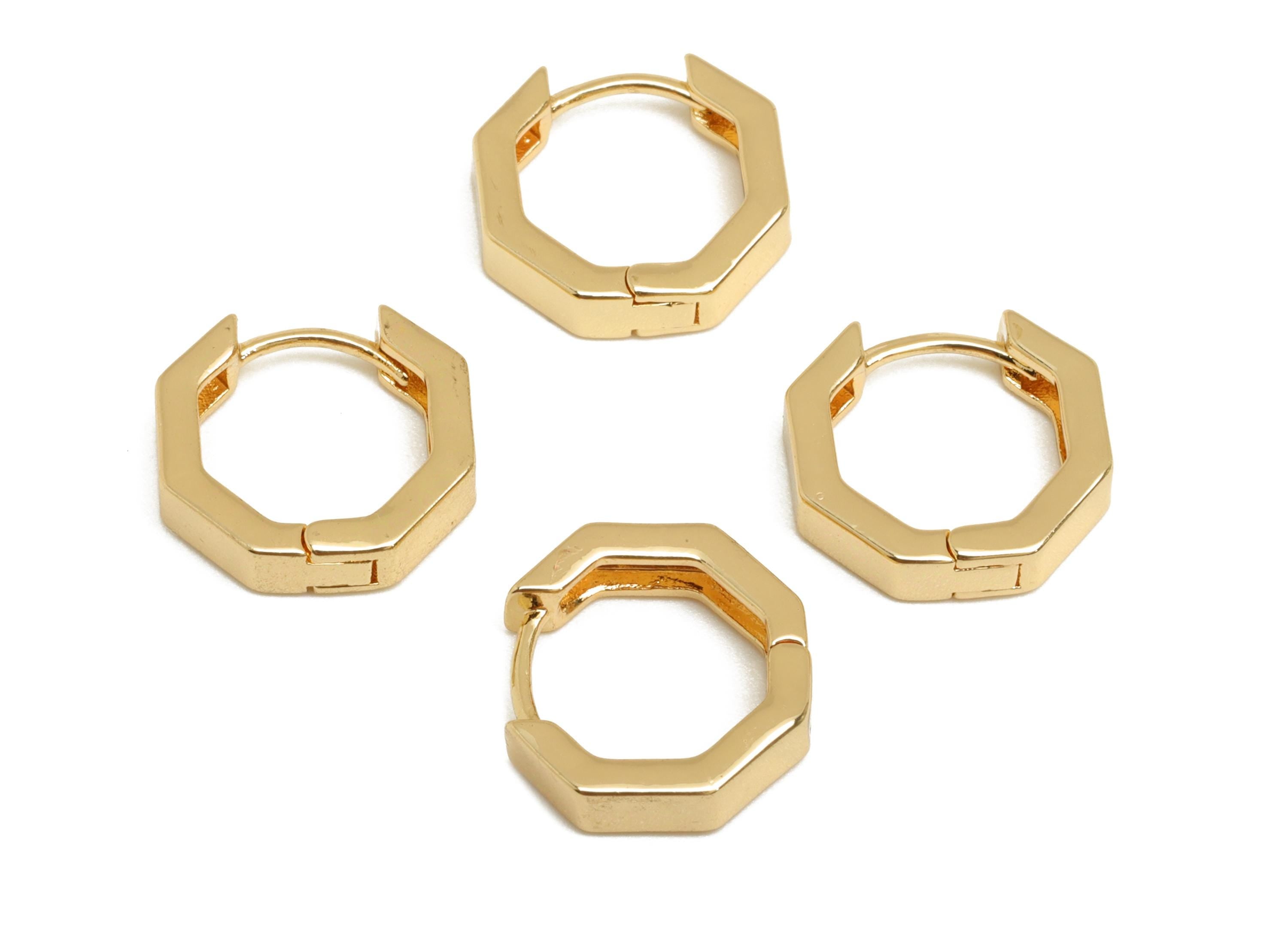 Brass Octagon Earrings Clasps - Gold Huggie Hoop Ear Clasp - Octagon Huggie Hoop Earring - 18K Real Gold Plated - 11.9x11.5x1.53mm - RGP7654 - DOMEDBAZAAR