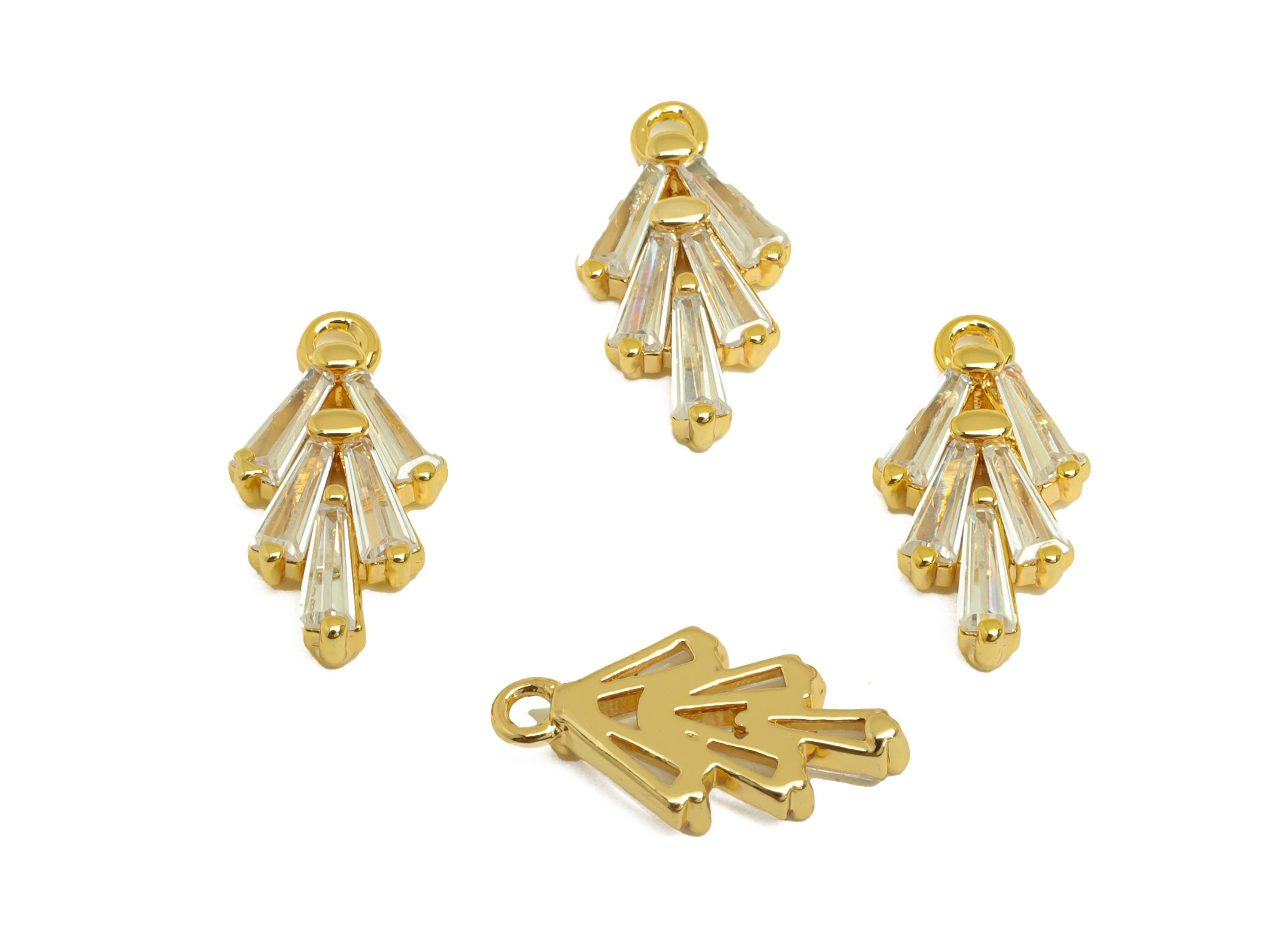 Brass Zircon Earring Charms - Gold Mini Tree Pendant - Trapezoid Cubic Zircon Charms - 18K Real Gold Plating - 14.12x7.16x2.23mm - RGP7652 - DOMEDBAZAAR