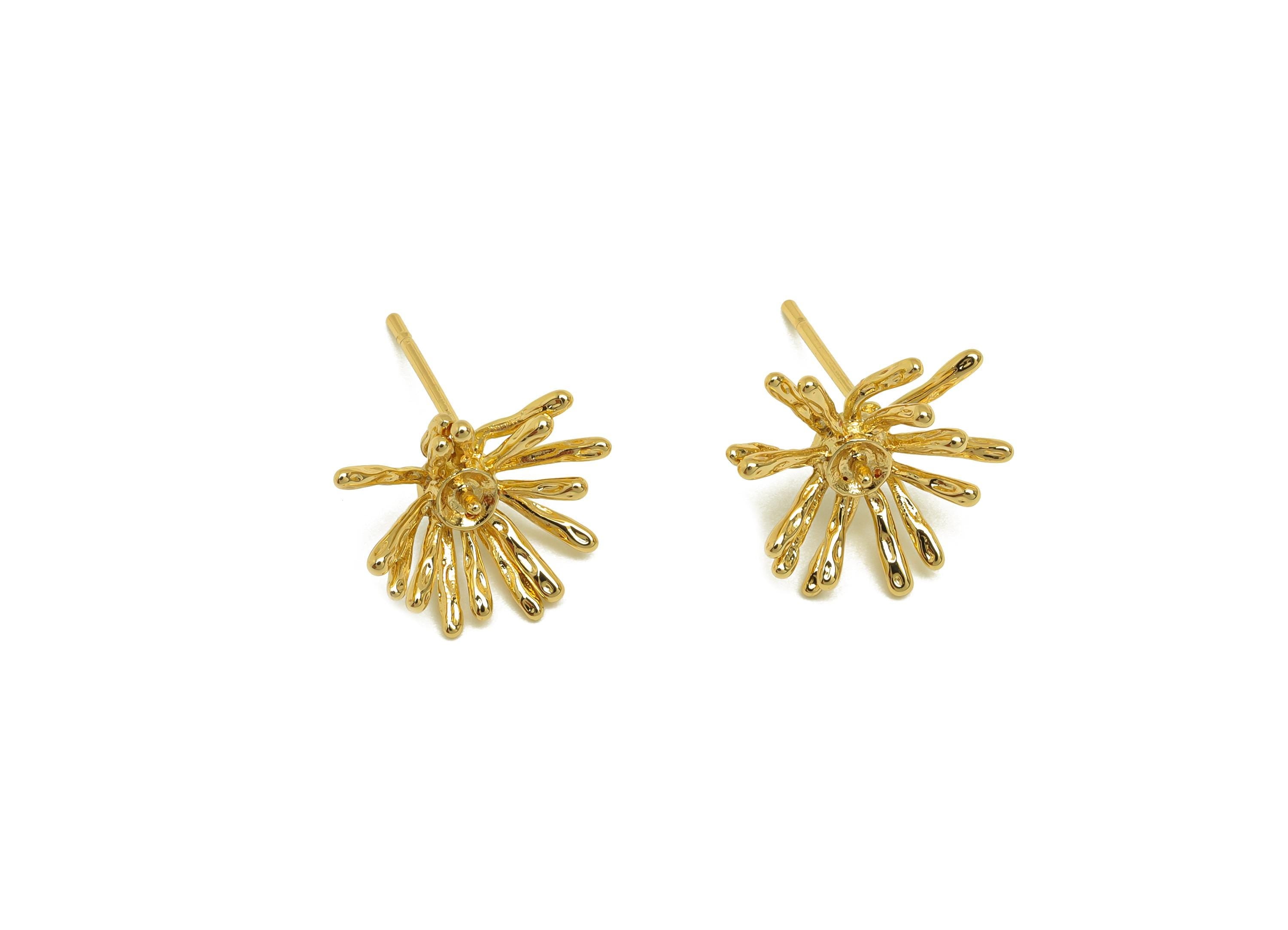 Brass Spike Ear Setting - Gold Flower Setting Earring Stud - Hammered Spike Earring Post - 18K Real Gold Plating - 14.3x12.7x2.7mm - RGP7659 - DOMEDBAZAAR