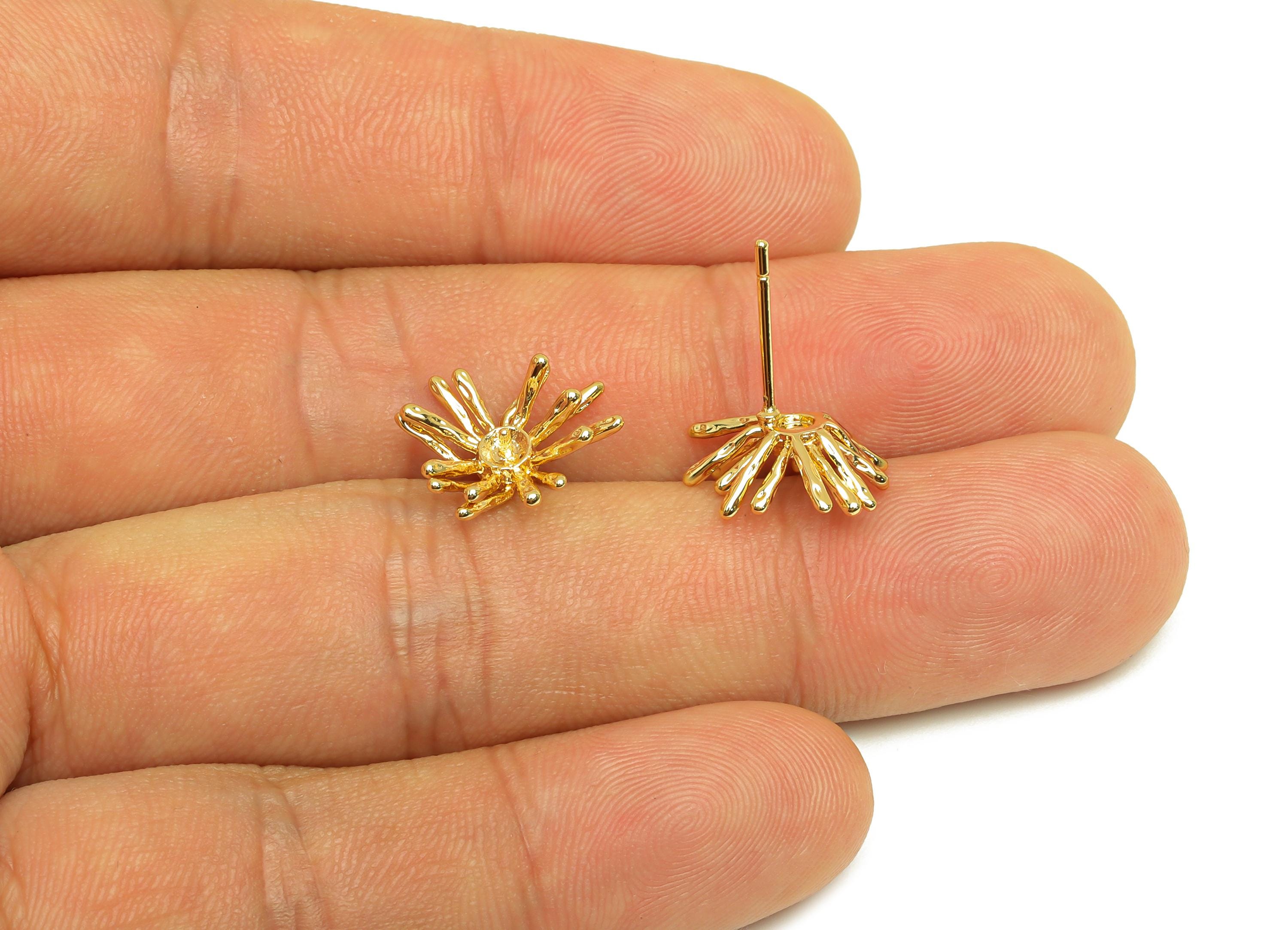 Brass Spike Ear Setting - Gold Flower Setting Earring Stud - Hammered Spike Earring Post - 18K Real Gold Plating - 14.3x12.7x2.7mm - RGP7659 - DOMEDBAZAAR