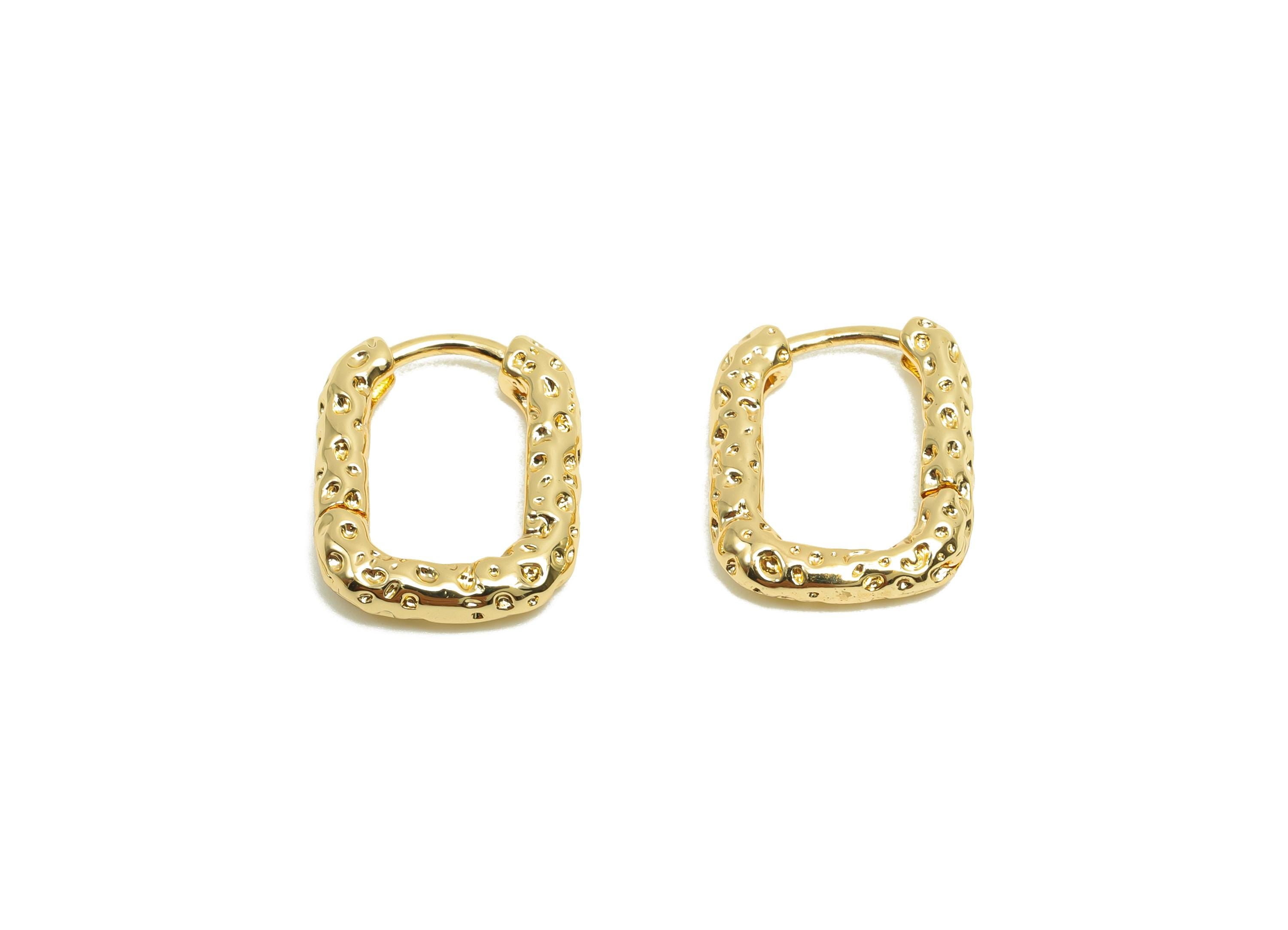 Brass Hoop Earring - Brass Rectangle Huggie Hoop Earring - Textured Clasp Hoop Earring - 18K Real Gold Plating - 15x12.4x2.96mm - RGP8207 - DOMEDBAZAAR
