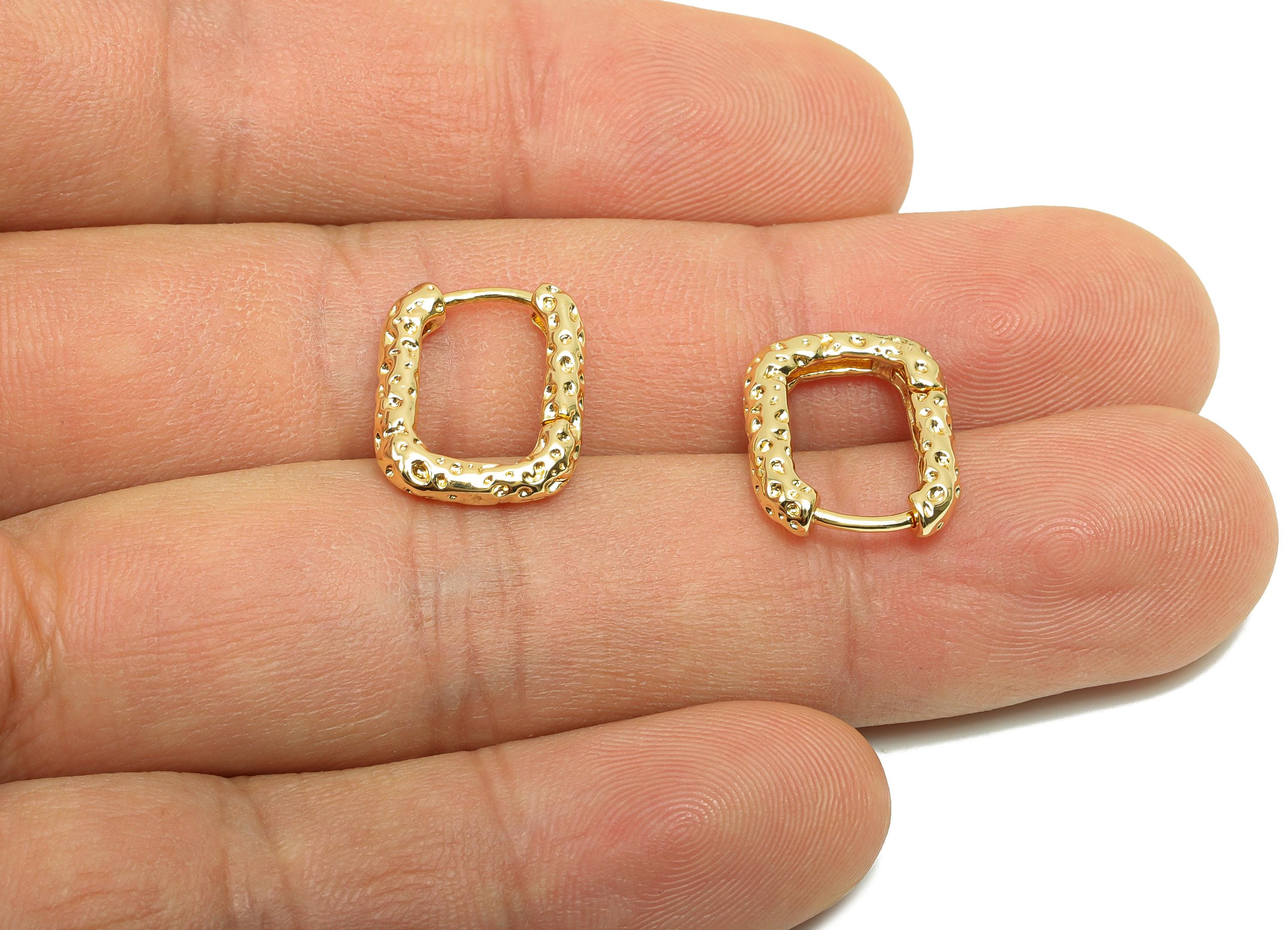 Brass Hoop Earring - Brass Rectangle Huggie Hoop Earring - Textured Clasp Hoop Earring - 18K Real Gold Plating - 15x12.4x2.96mm - RGP8207 - DOMEDBAZAAR