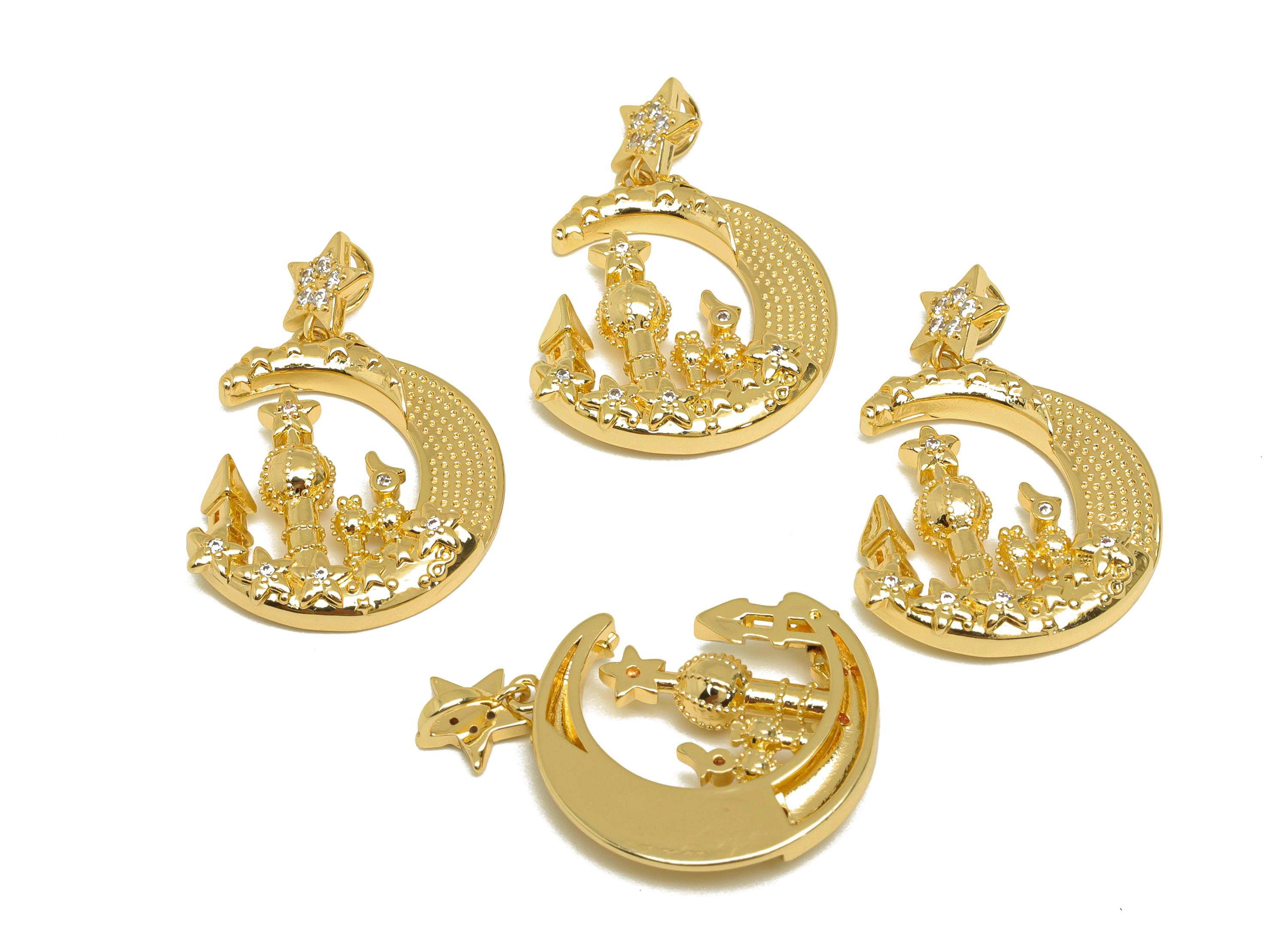 Brass Crescent Earring Charm - Zircon Star Castle Charm - CZ Textured Moon Castle Pendant - 18K Real Gold Plated - 21x29.5x3.51mm - RGP7660 - DOMEDBAZAAR
