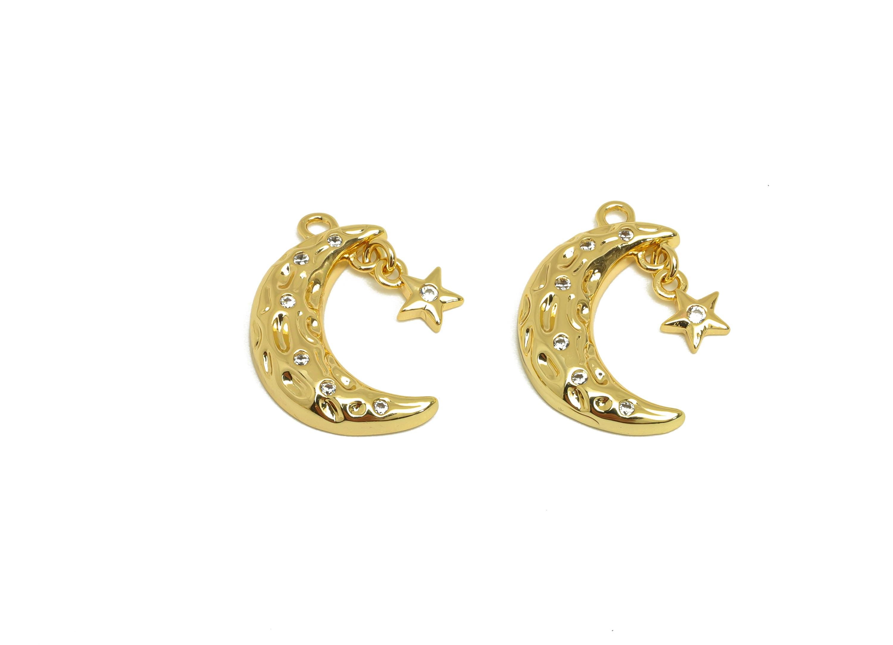 Brass Crescent Earring Charm - Hammered Zircon Star Charm - CZ Hammered Moon Pendant - 18K Real Gold Plated - 19.1x11.62x2.83mm - RGP7661 - DOMEDBAZAAR