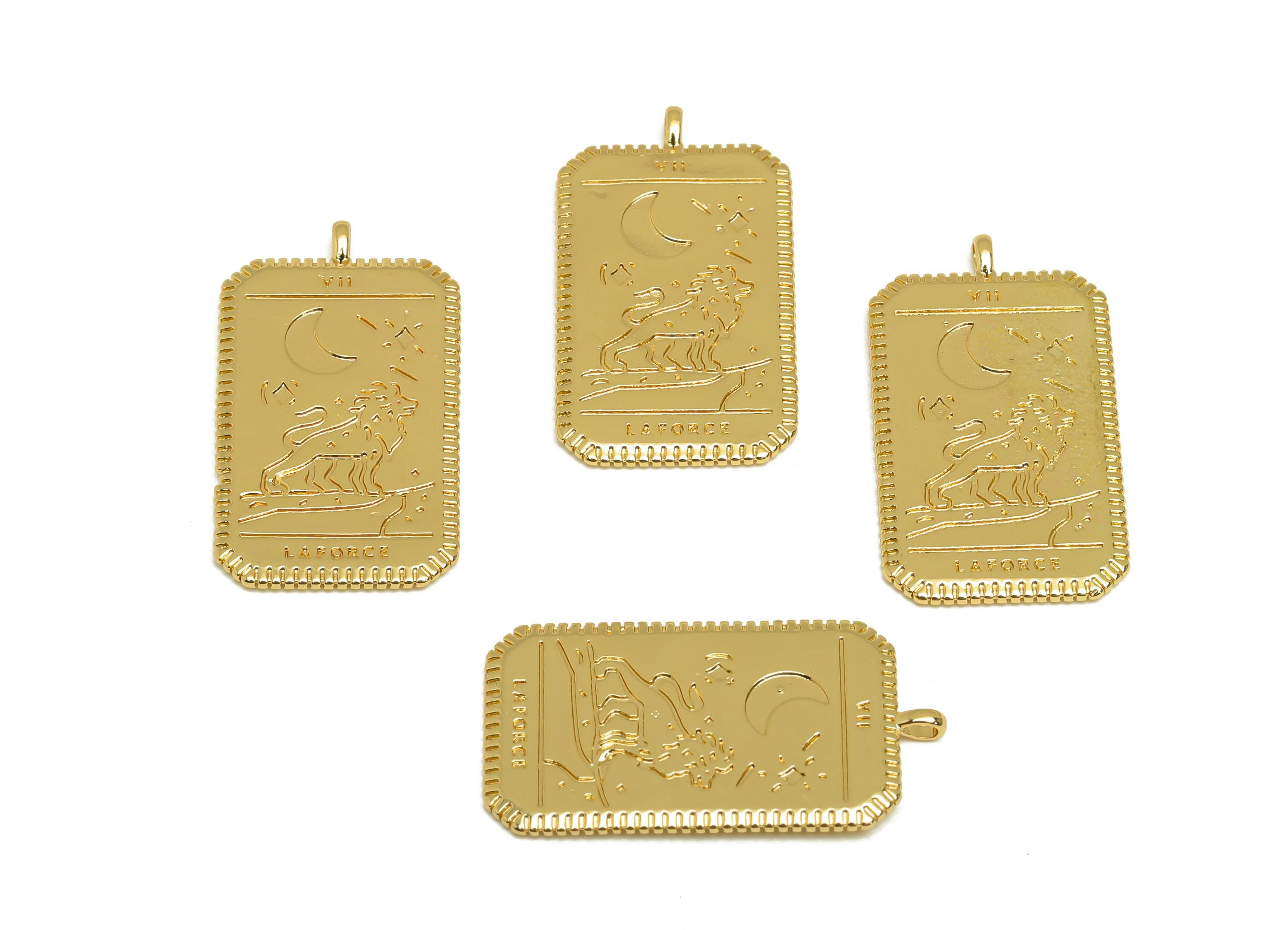 Brass Rectangle Earring Charm - Textured Lion Moon Charm - Gold Rectangle Pendant - 18K Real Gold Plated - 14.69x27.03x1.09mm - RGP7663 - DOMEDBAZAAR