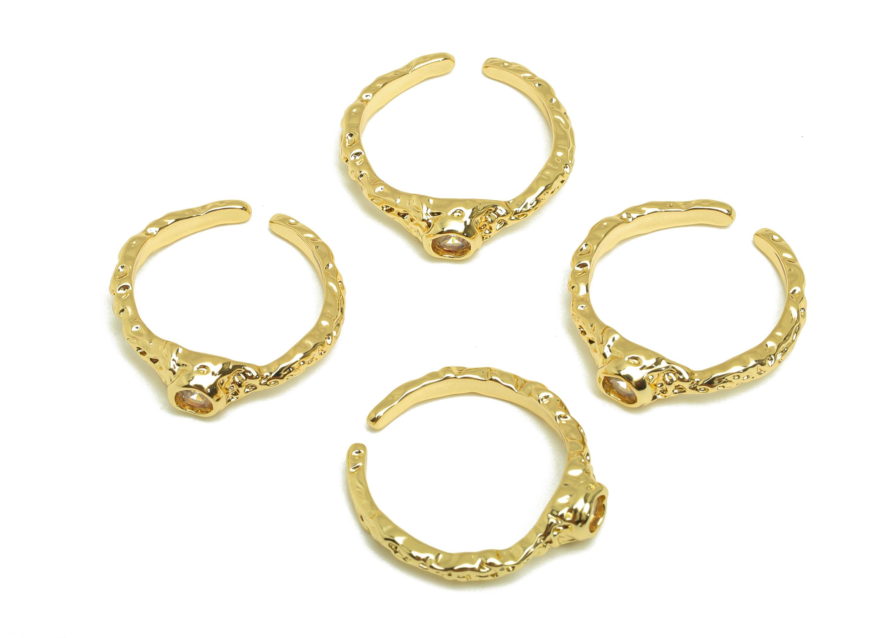 Brass Open Round Ring - Open Circle Hammered Zircon Hoop Ring - Gold CZ Adjustable Ring - 18K Real Gold Plating - 19.6x20.9x4.84mm - RGP7664 - DOMEDBAZAAR