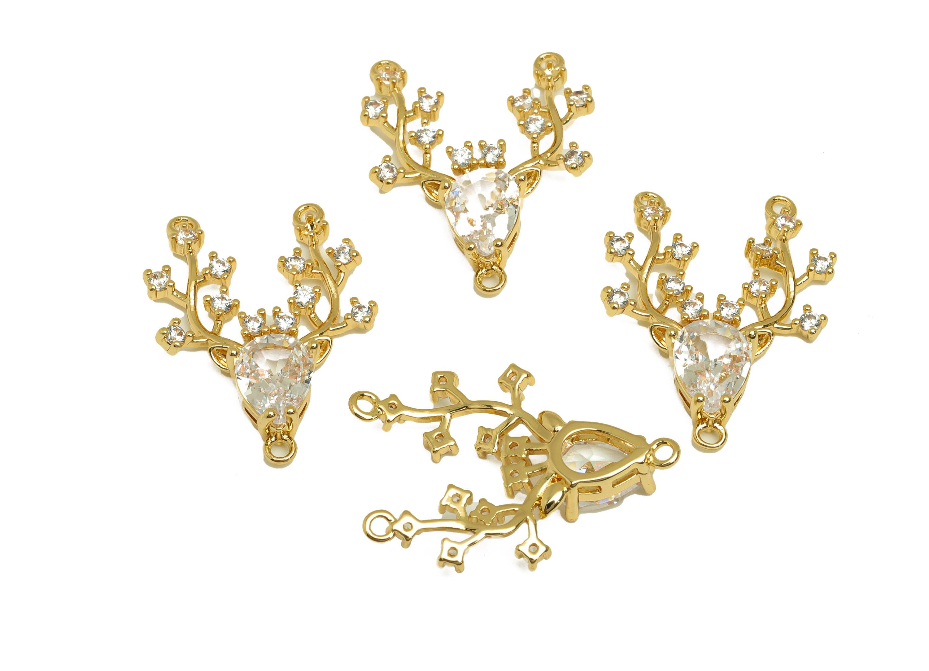 Brass Deer Head Connector - Gold Zircon Deer Charm - CZ Deer Head Connector - For Necklace - 18K Real Gold Plated - 24.7x17.9x4.28mm-RGP7665 - DOMEDBAZAAR