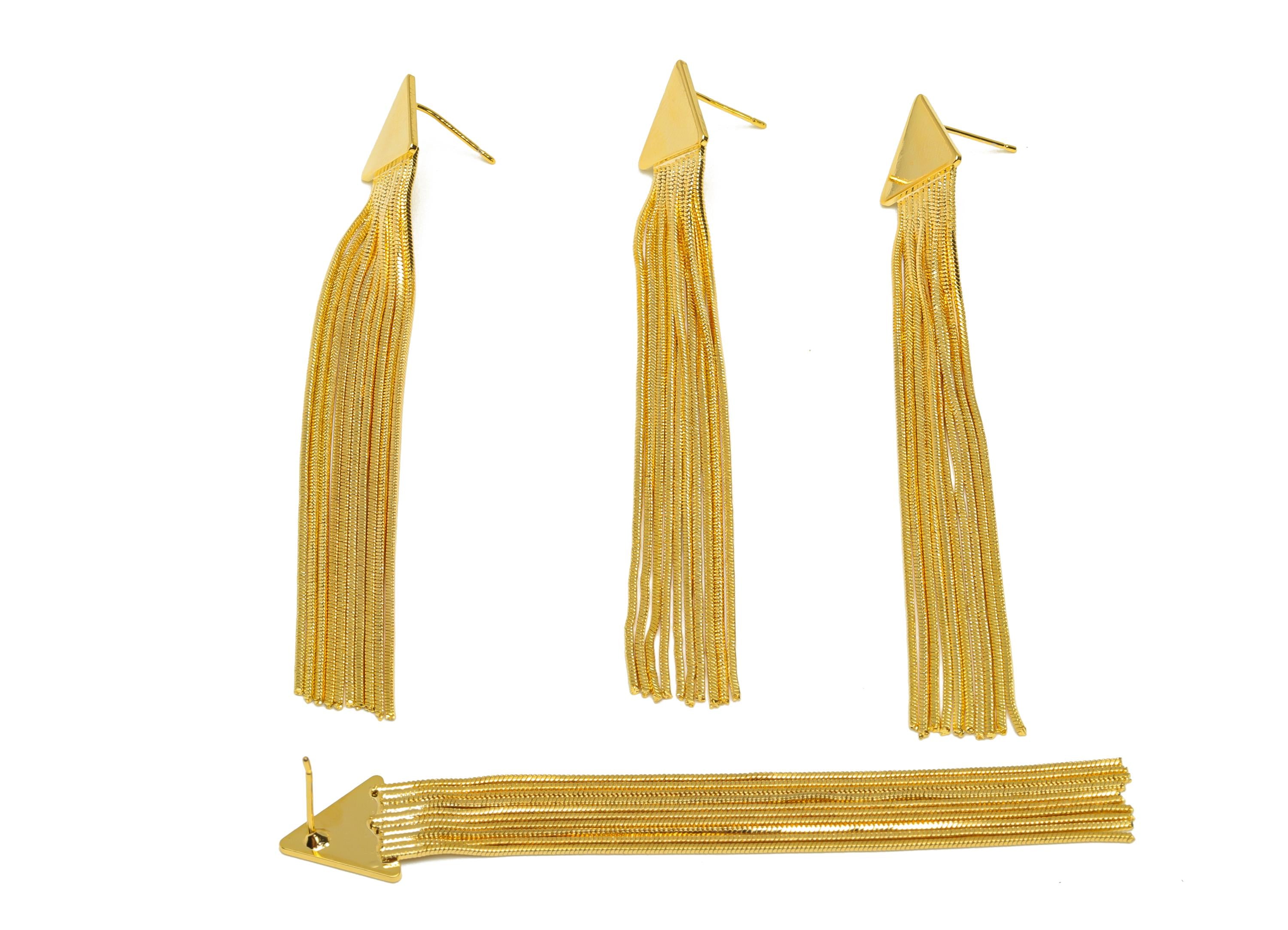 Brass Tassel Earring Stud - Gold Triangle Tassel Earring Post - Snake Chain Tassel Earring - 18K Real Gold Plated - 85.07x12.98x1mm -RGP7580 - DOMEDBAZAAR