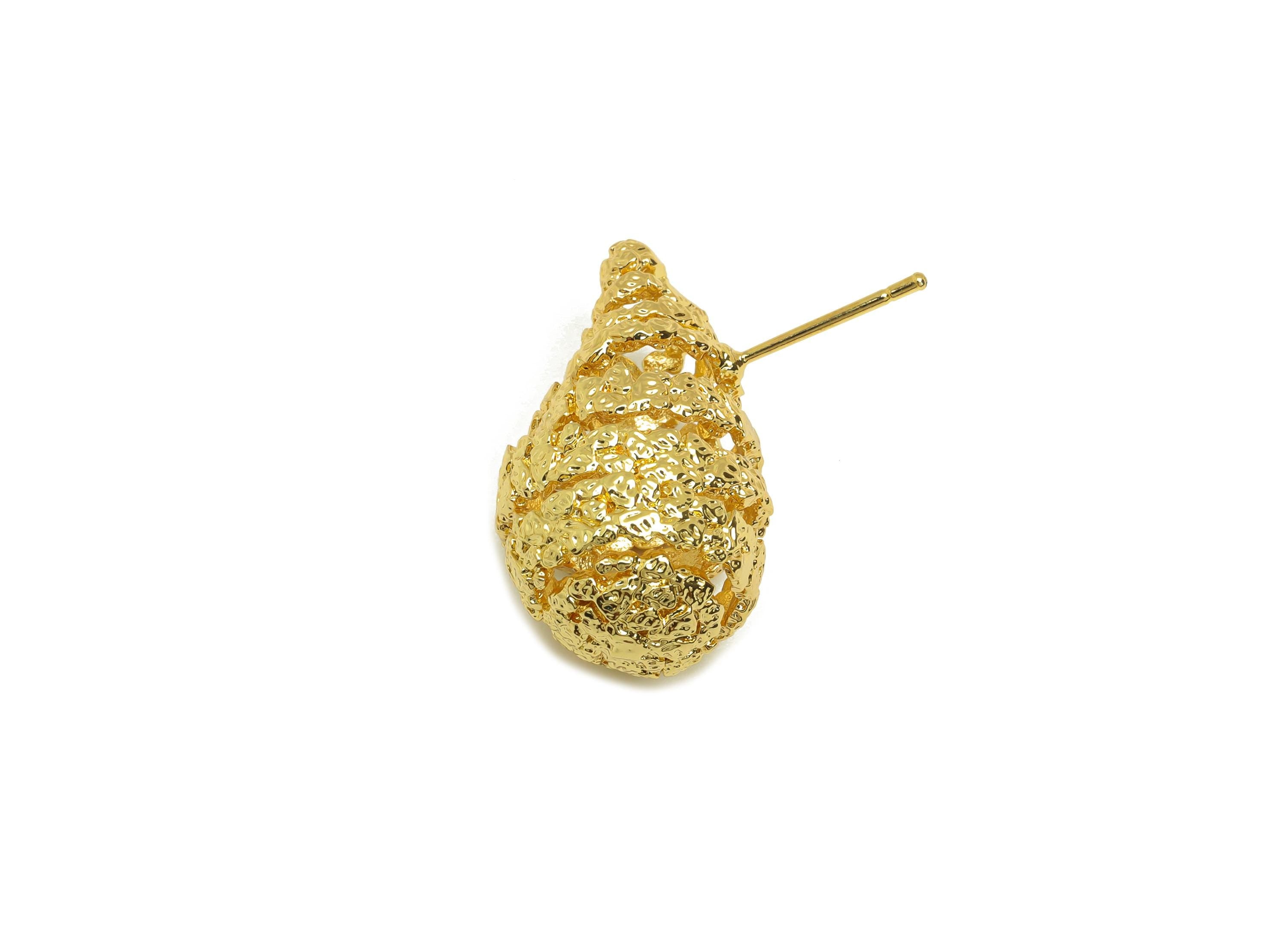 Brass Teardrop Earring Stud - Textured Drop Earring Post - Frosted Twine Wire Earring Post - 18K Real Gold Plating -25x23x14.45mm - RGP7795 - DOMEDBAZAAR