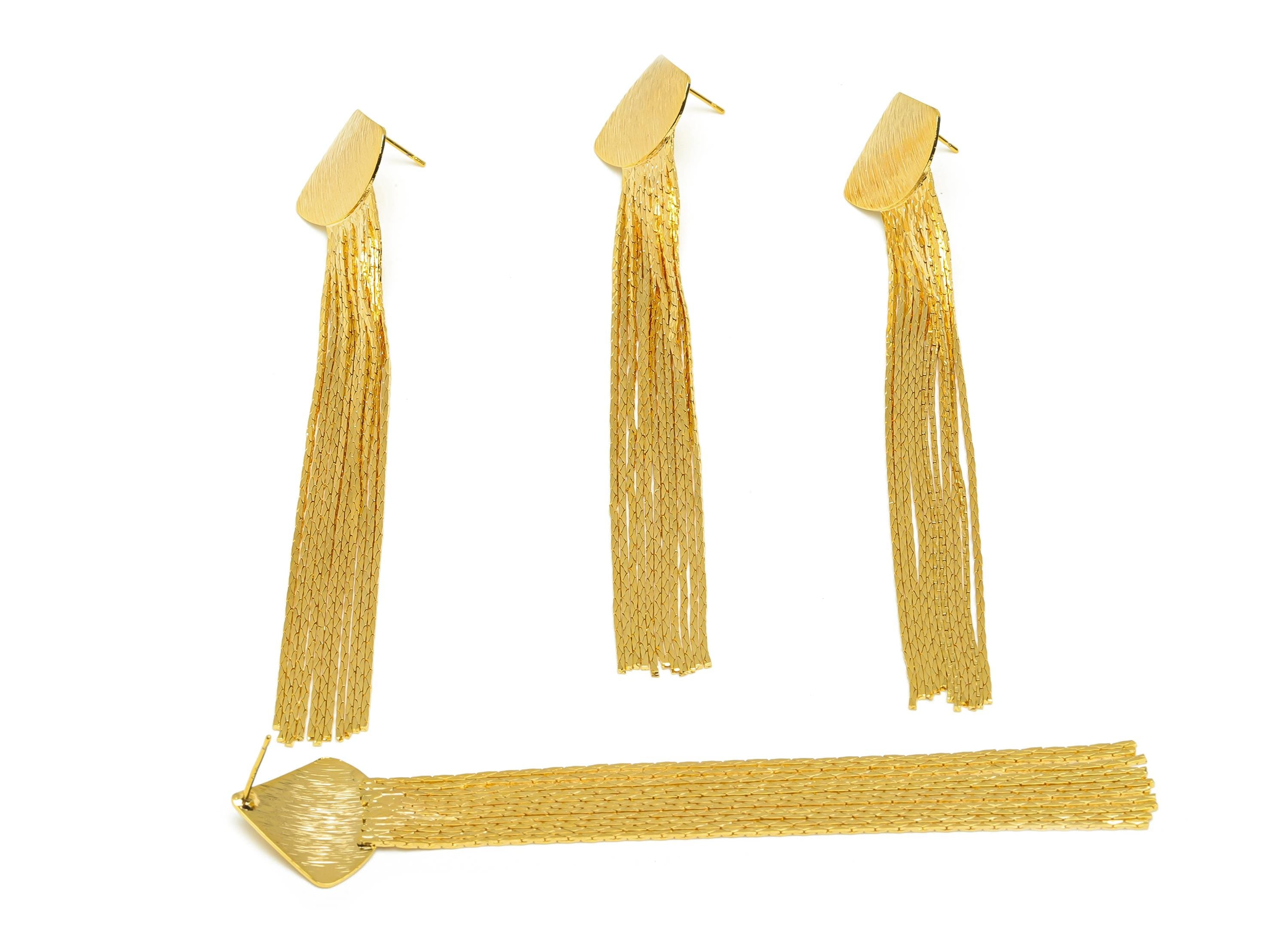 Brass Tassel Earring Stud - Gold Fan Tassel Earring Post - Textured Snake Chain Earring - 18K Real Gold Plated - 109.22x20.47x0.7mm -RGP7583 - DOMEDBAZAAR