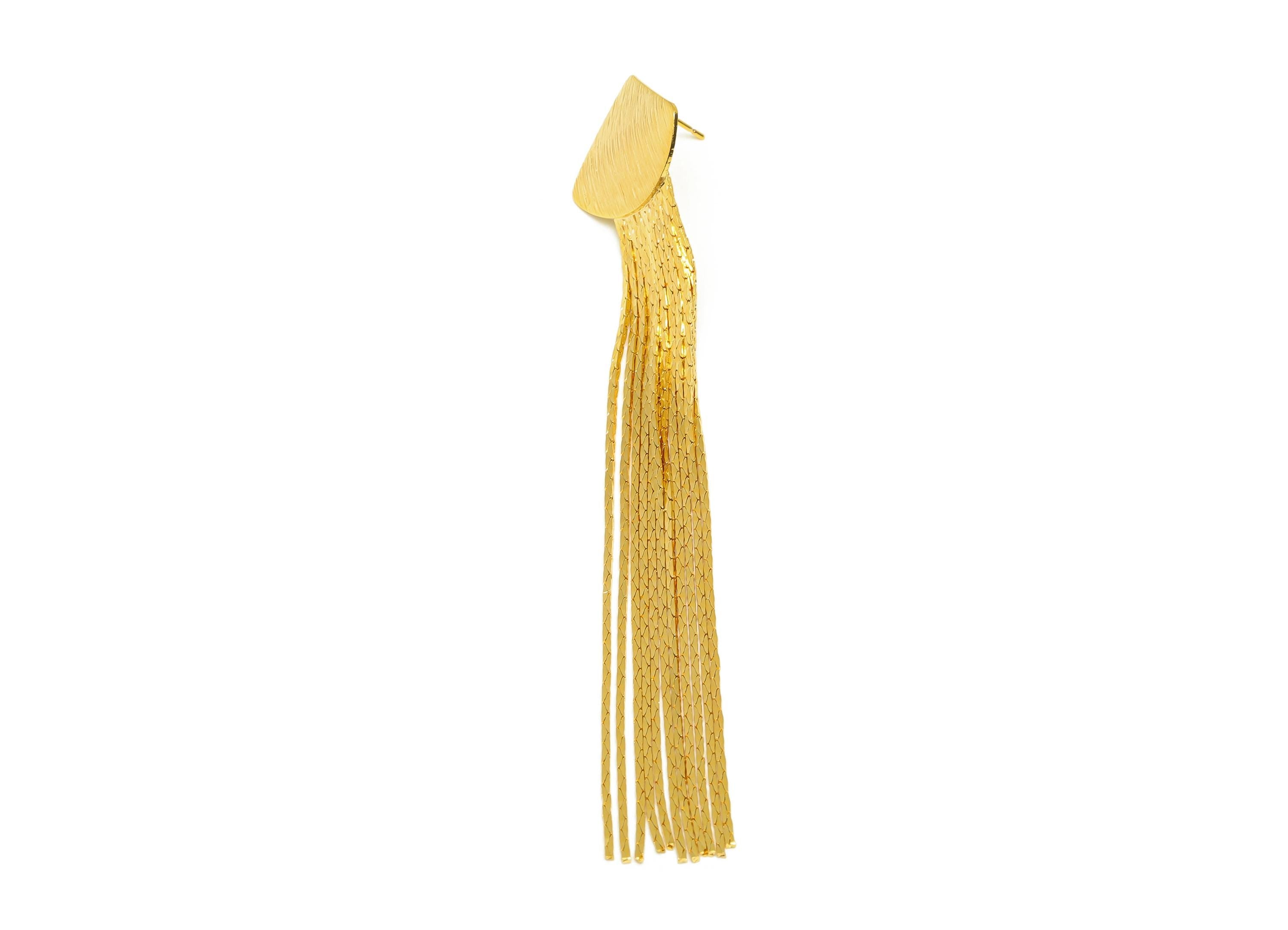 Brass Tassel Earring Stud - Gold Fan Tassel Earring Post - Textured Snake Chain Earring - 18K Real Gold Plated - 109.22x20.47x0.7mm -RGP7583 - DOMEDBAZAAR