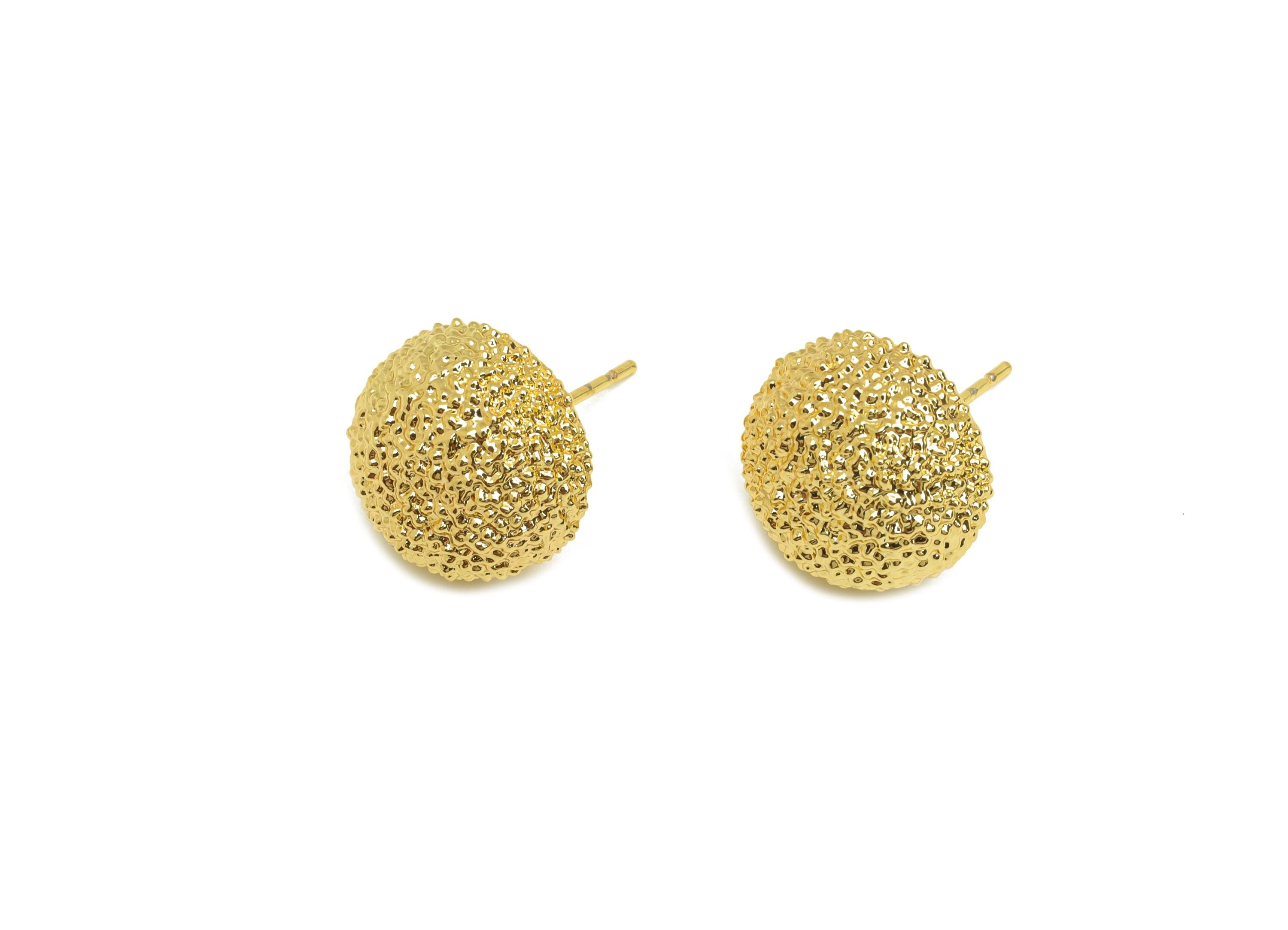 Brass Round Earring Stud - Textured Circle Earring Post - Frosted Earring Post - 18K Real Gold Plating - 18.3x 13.53x7.06mm - RGP7814 - DOMEDBAZAAR